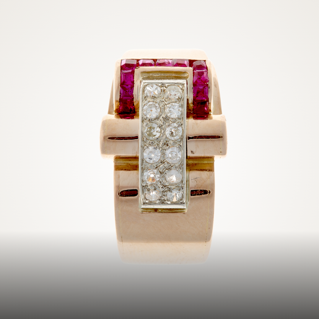Retro jewelry from the 1940s featuring bold gold designs, vibrant gemstone rings, necklaces, earrings, and bracelets.