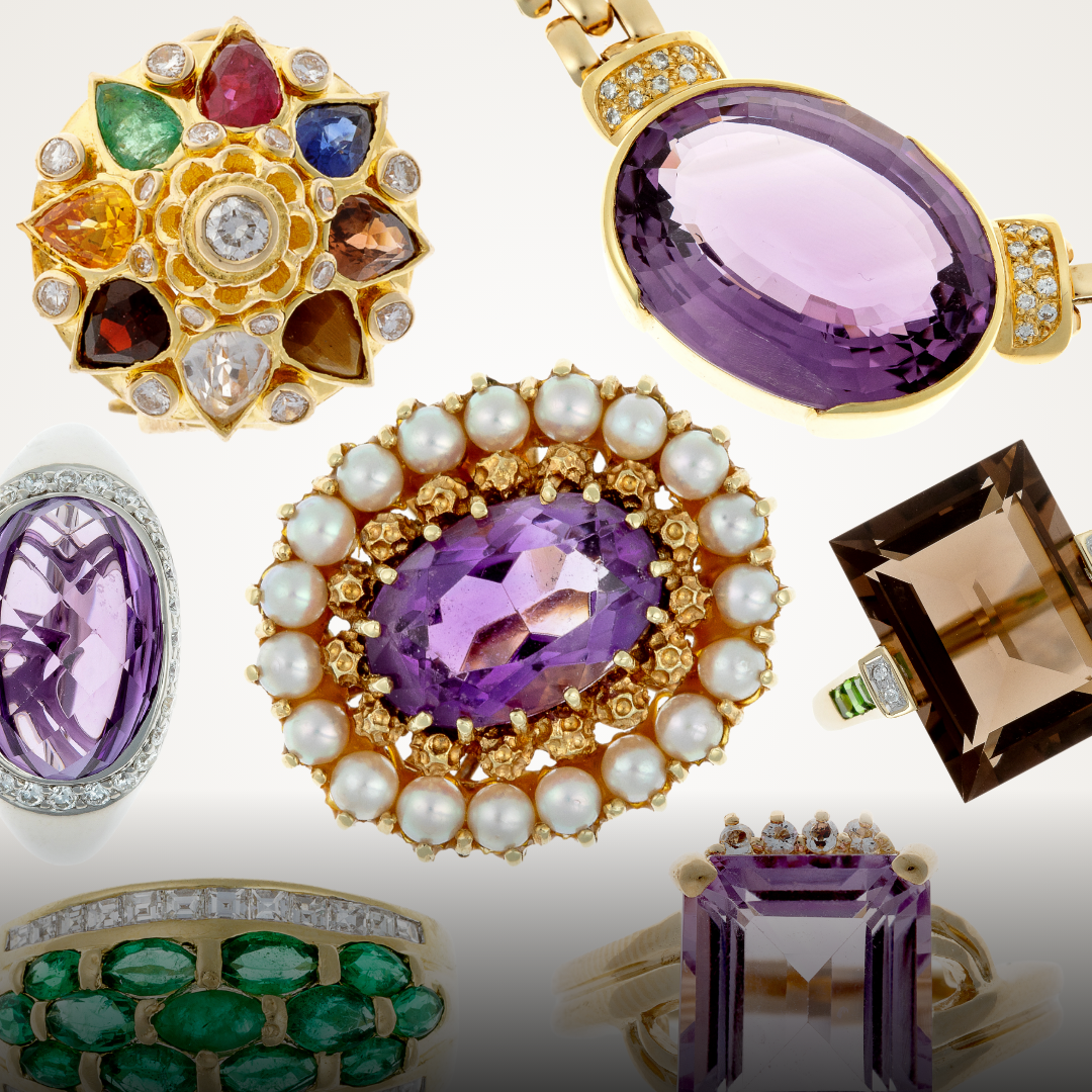 Bold vintage statement jewelry including cocktail rings, dramatic necklaces, colorful earrings, and iconic bracelets.
