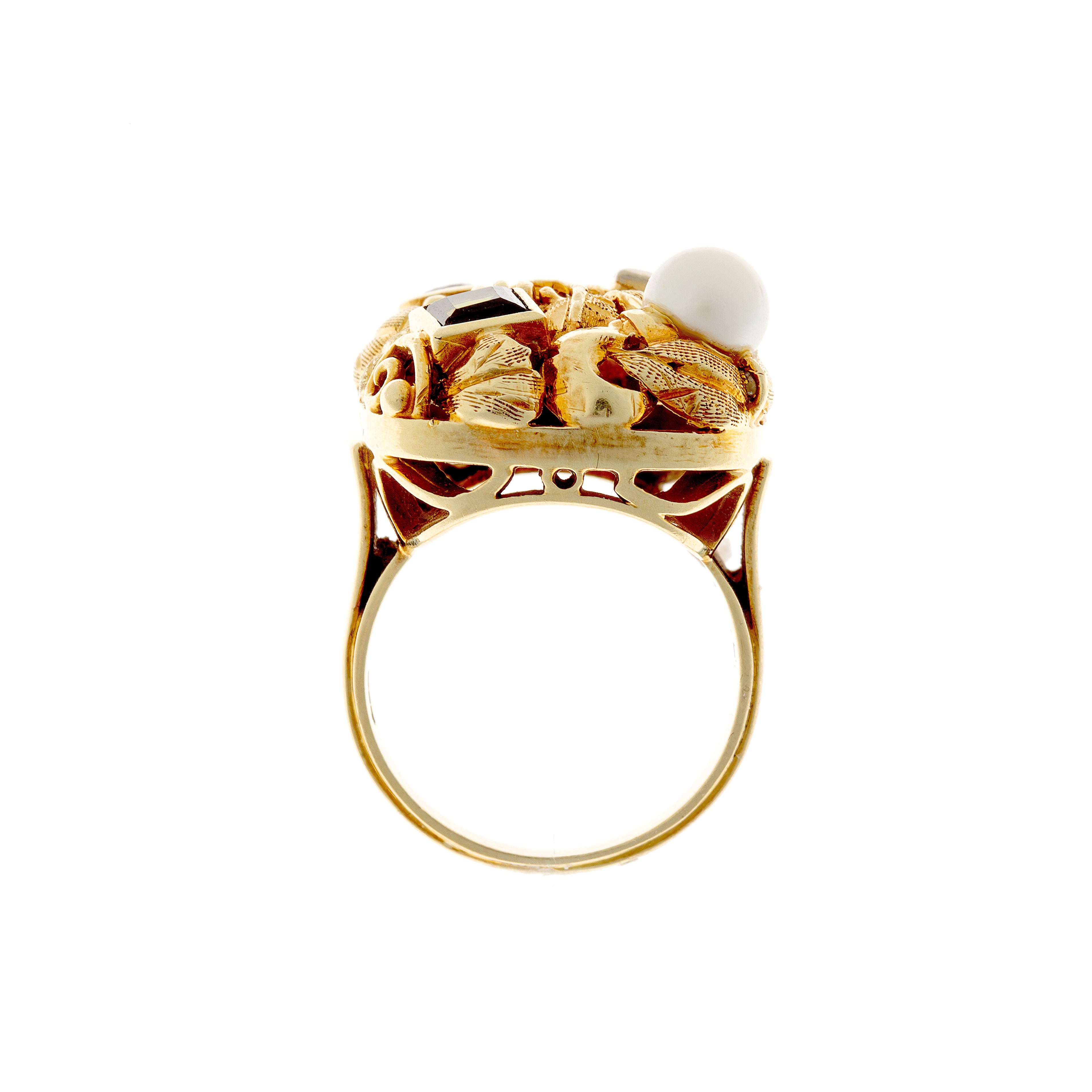 Estate 14k gold cocktail ring from side perspective, highlighting the bold arrangement of multiple gemstones