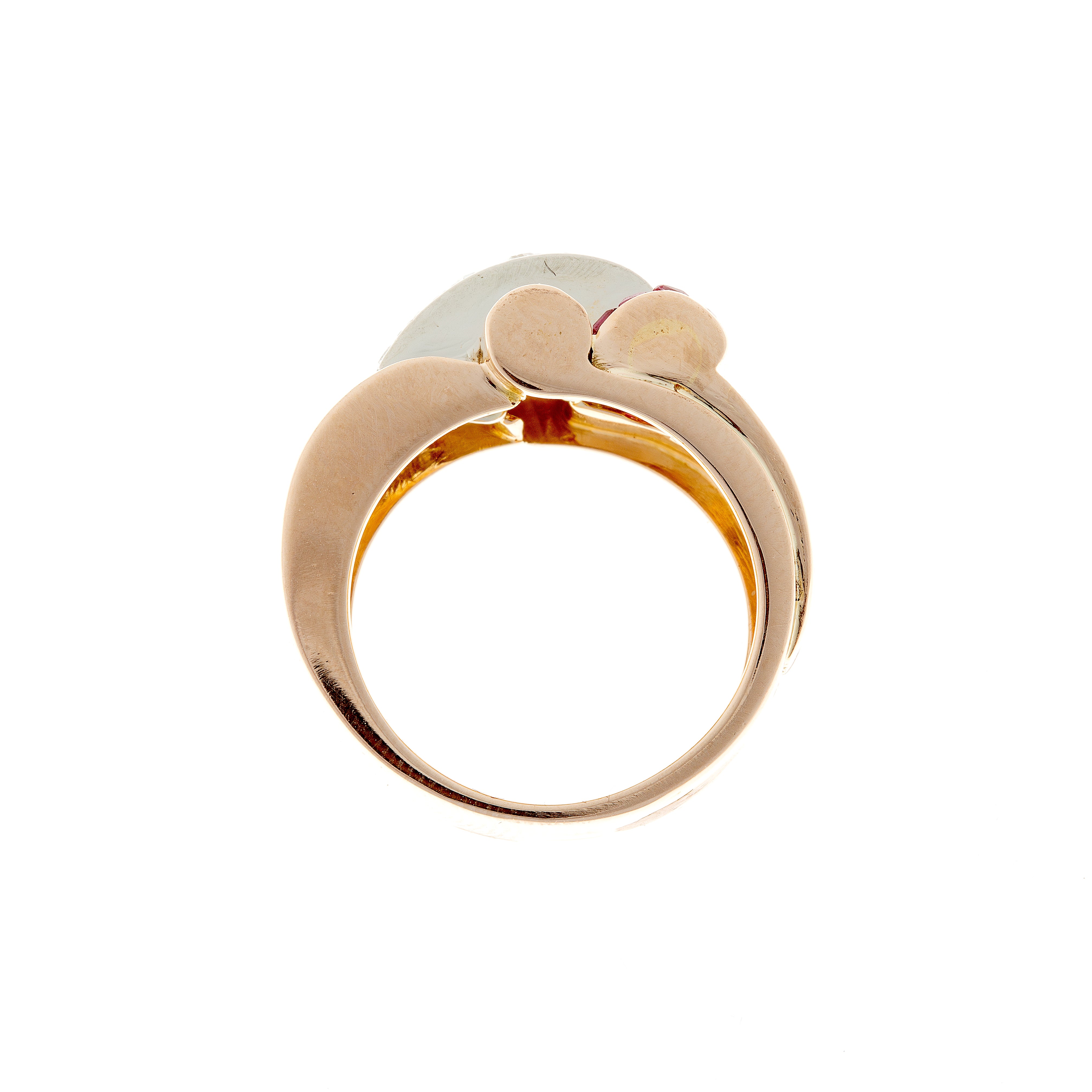 Profile of 1940s Tank ring with elevated ruby and diamond setting and wide tapering band.