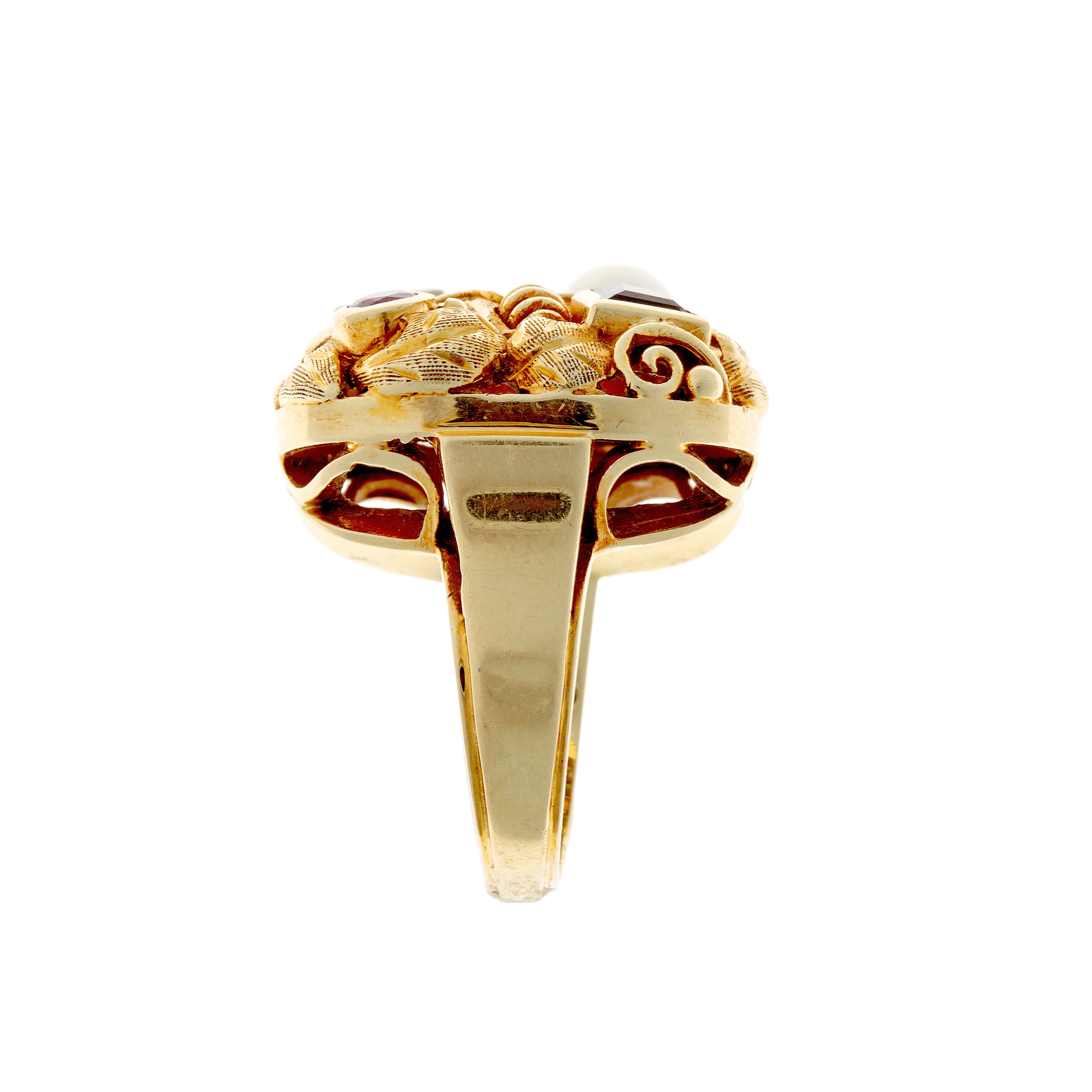 Side view of a 14k gold Retro ring featuring vibrant diamond, ruby, tourmaline, and pearl accents