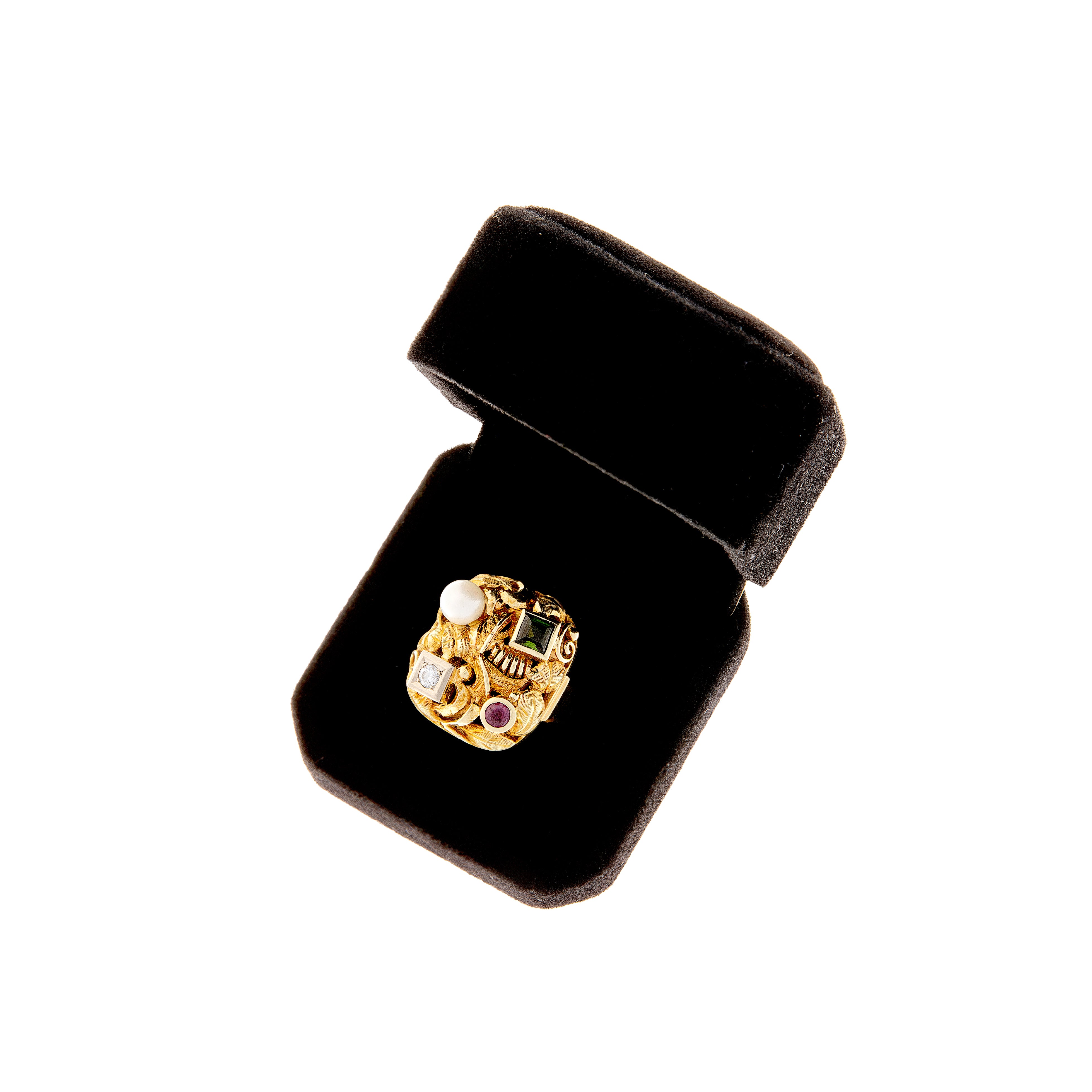 Vintage multi-stone gold ring with diamond, ruby, tourmaline, and pearl displayed in a black presentation box