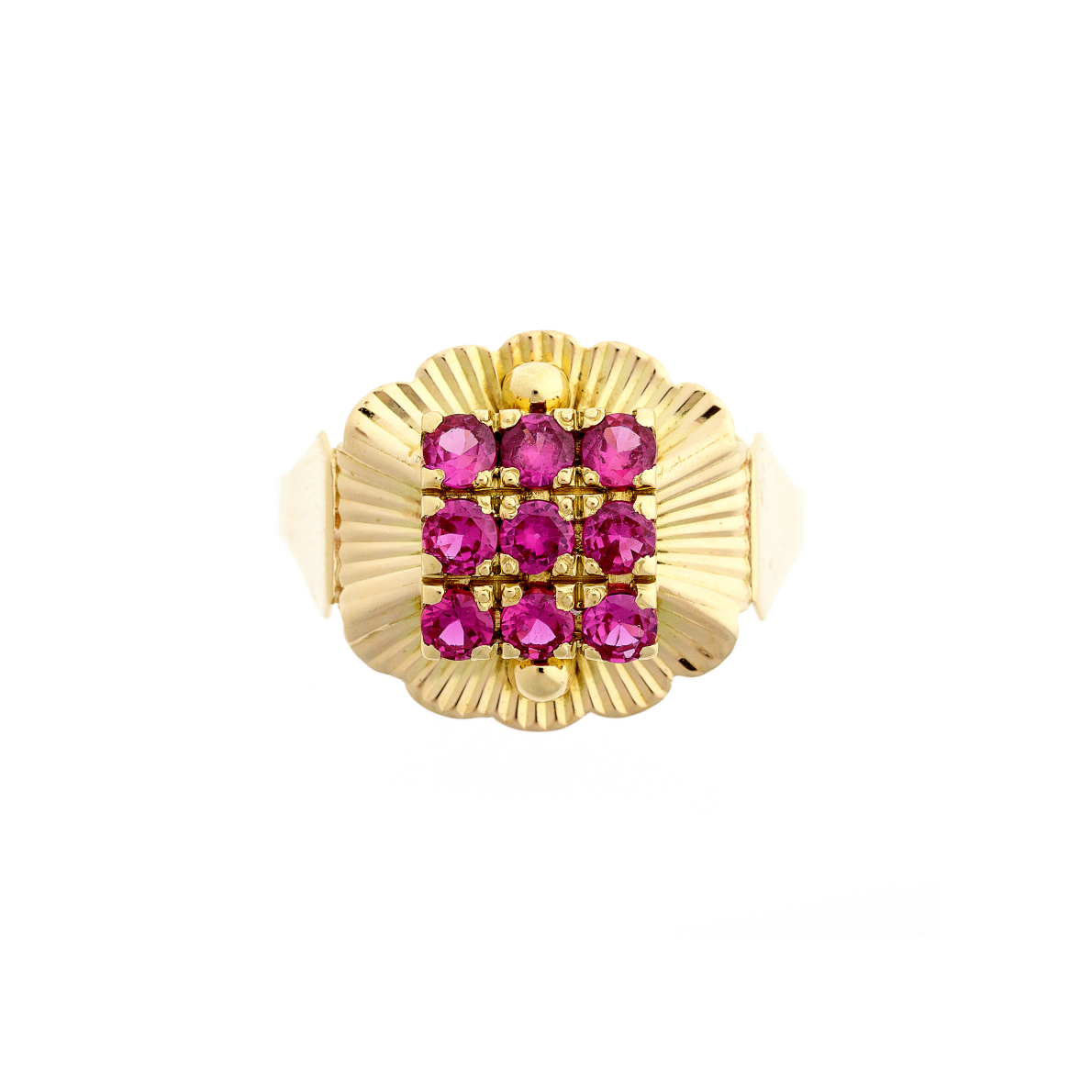 Gold Floral Motif Ring with Synthetic Rubies