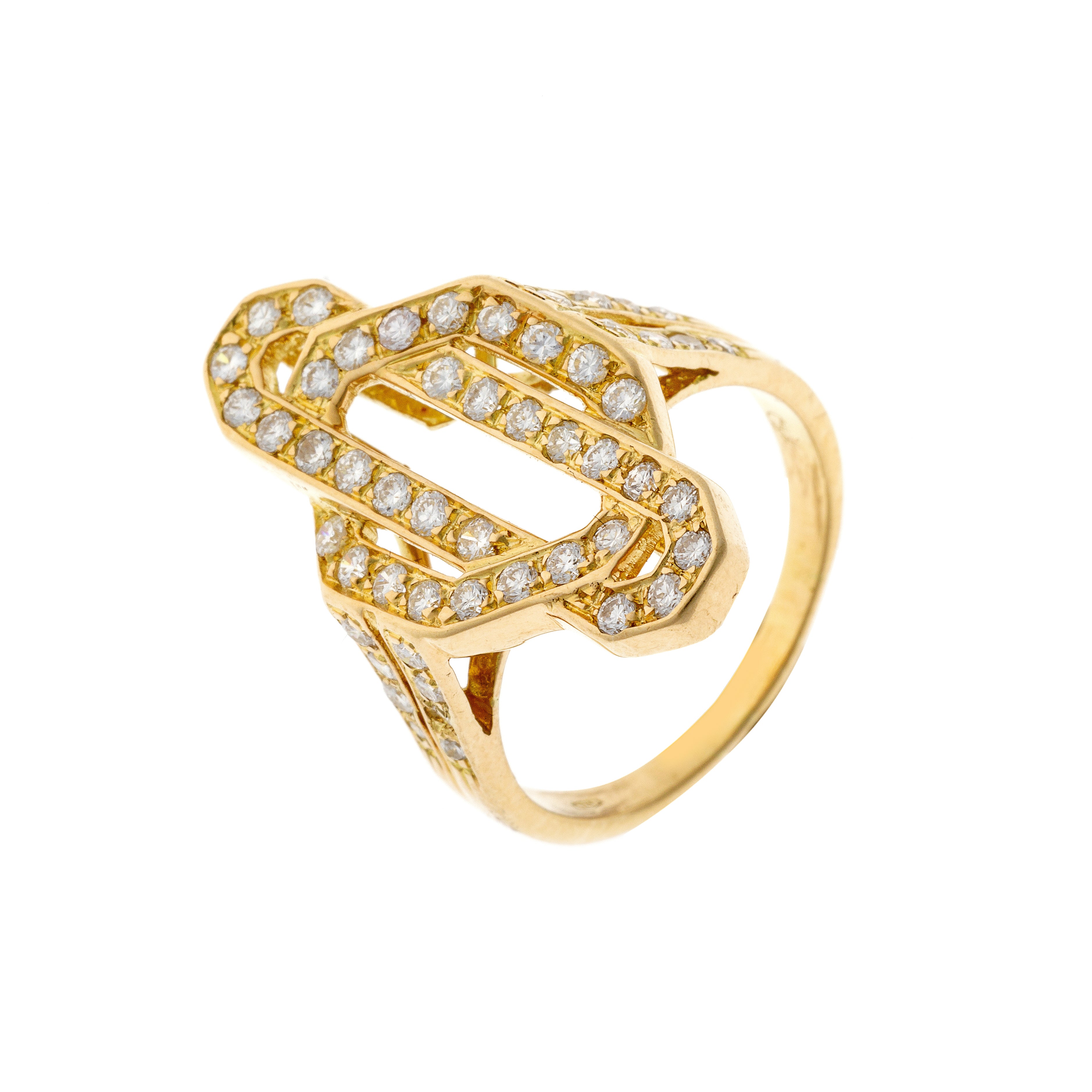 Angled view of a vintage 18K gold Belgian ring with a rectangular Art Deco-style face set with brilliant-cut diamonds.