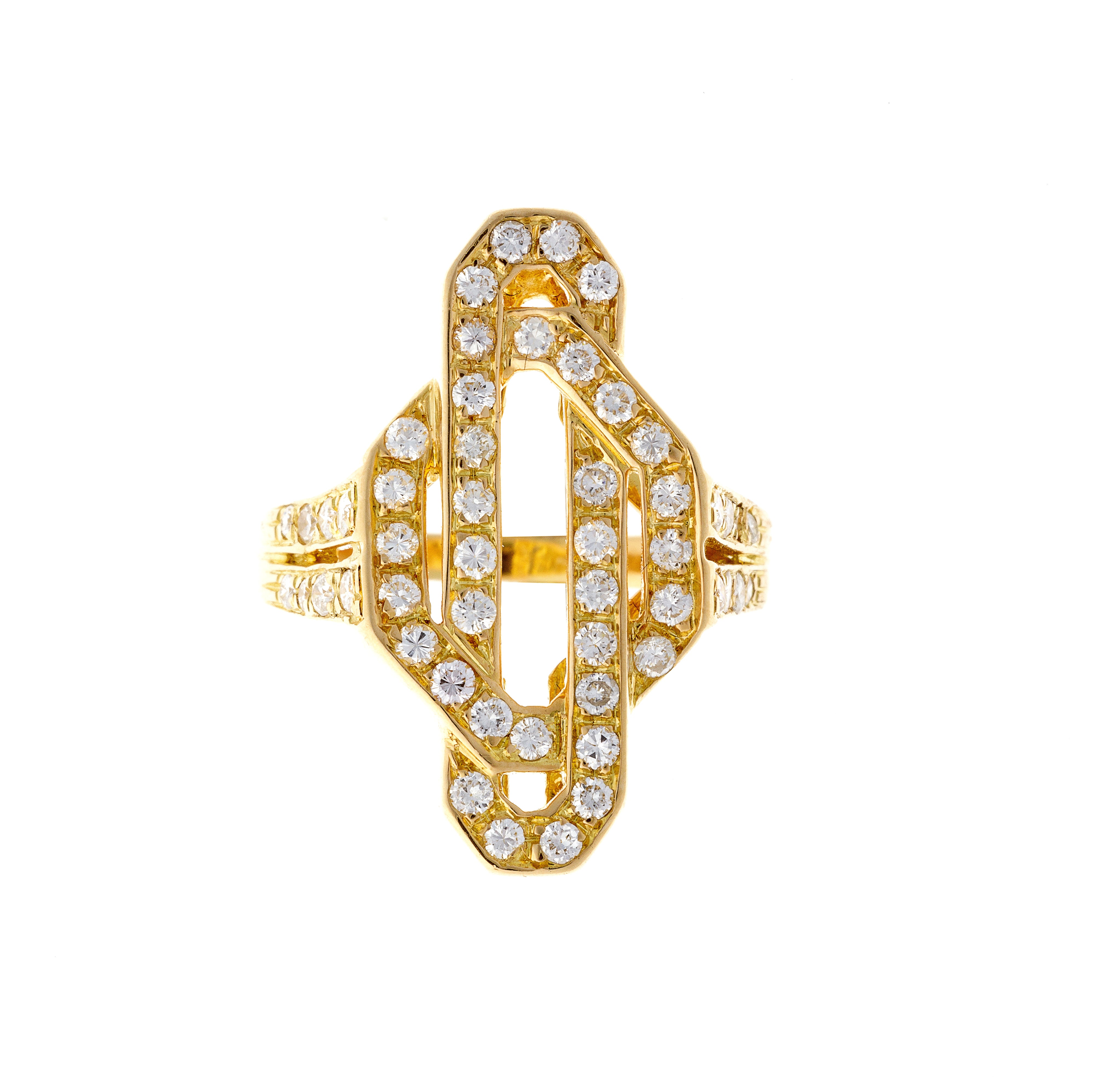 1970s Belgian 18K gold ring with pierced geometric design and 52 brilliant-cut diamonds in an Art Deco revival style.
