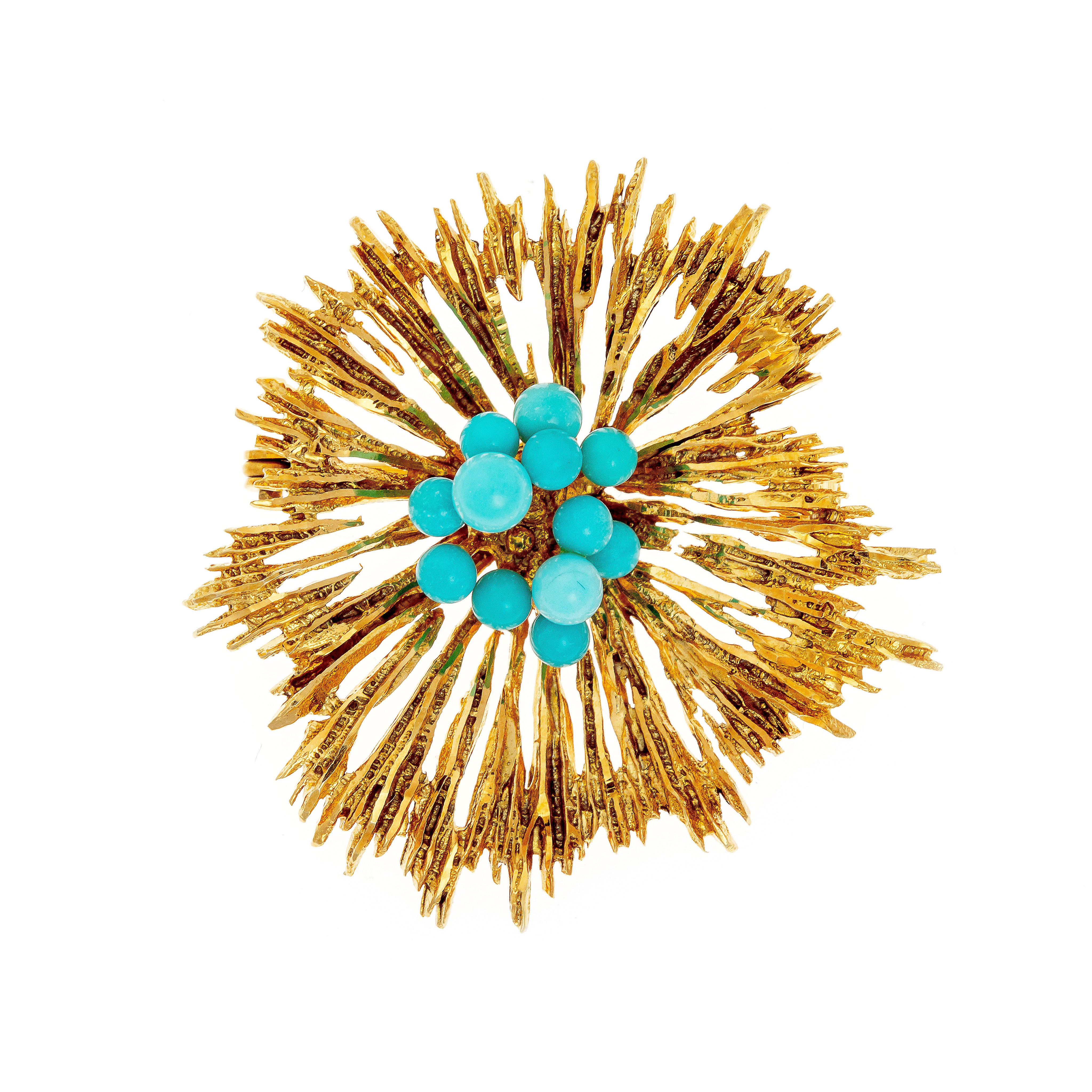 1970s French Brutalist gold brooch with turquoise-colored beads, featuring textured gold spikes and a sculptural design.