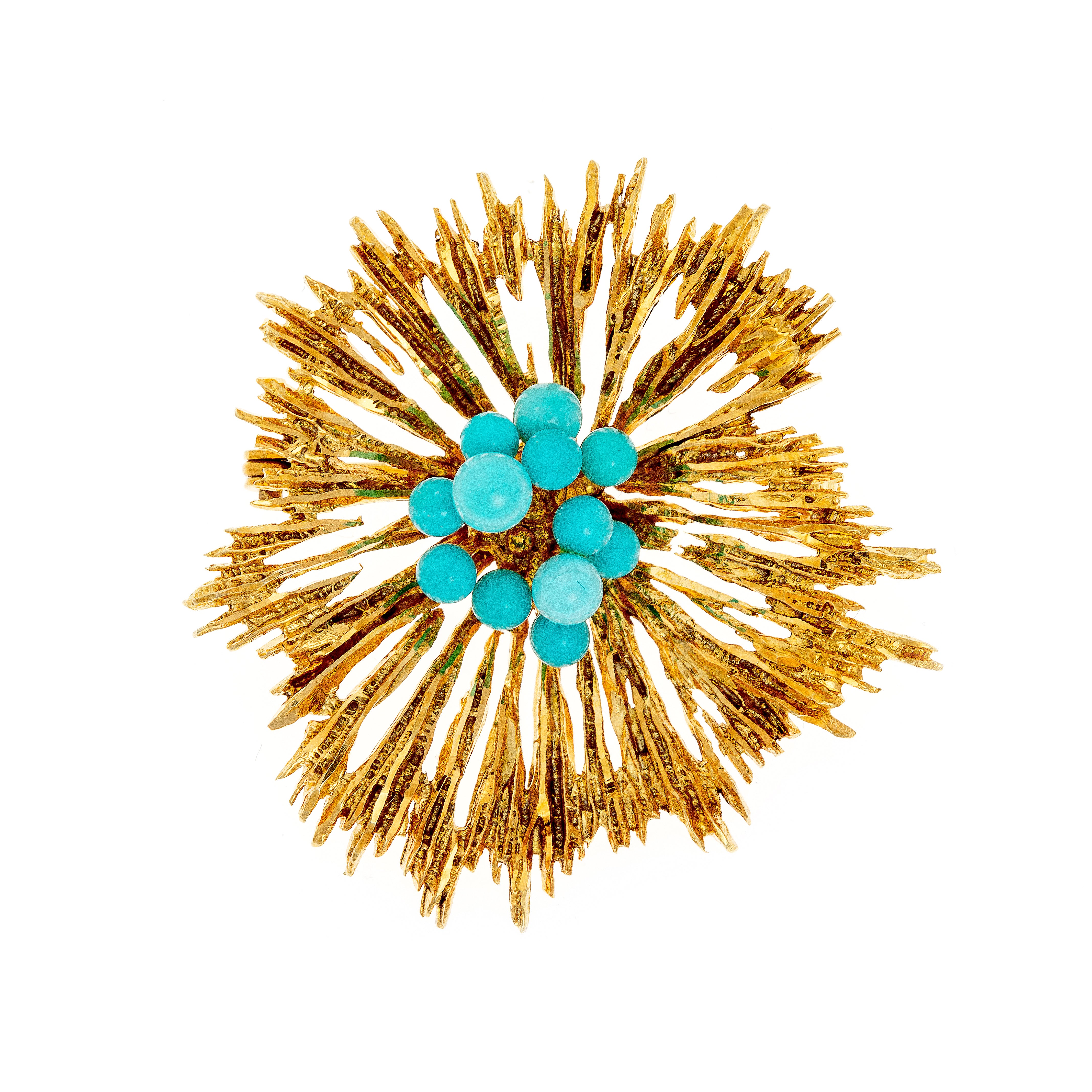 1970s French Brutalist gold brooch with turquoise-colored beads, featuring textured gold spikes and a sculptural design.