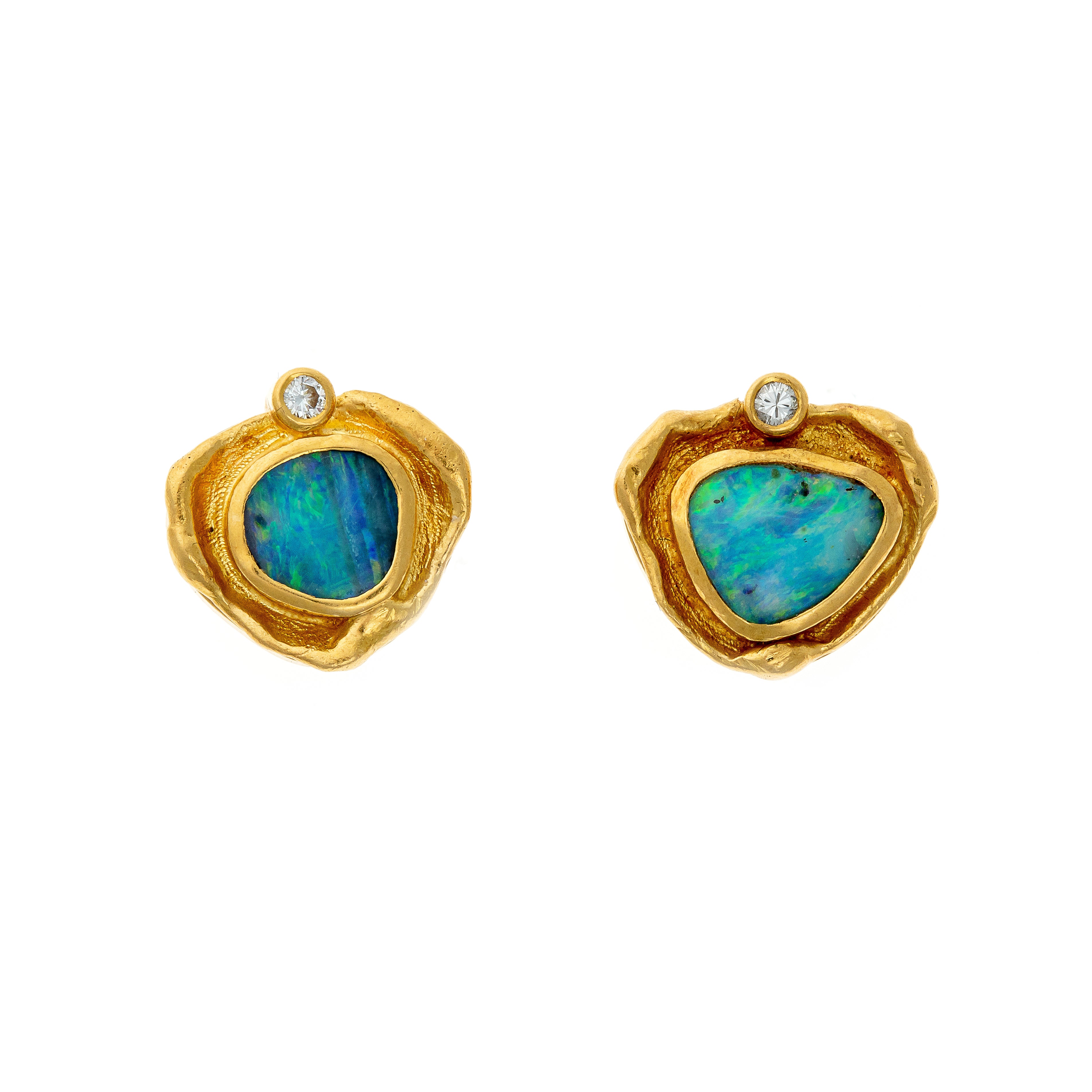Front view of the 1970s gold opal stud earrings, showcasing the organic gold setting and vibrant blue-green opals with diamond accents.