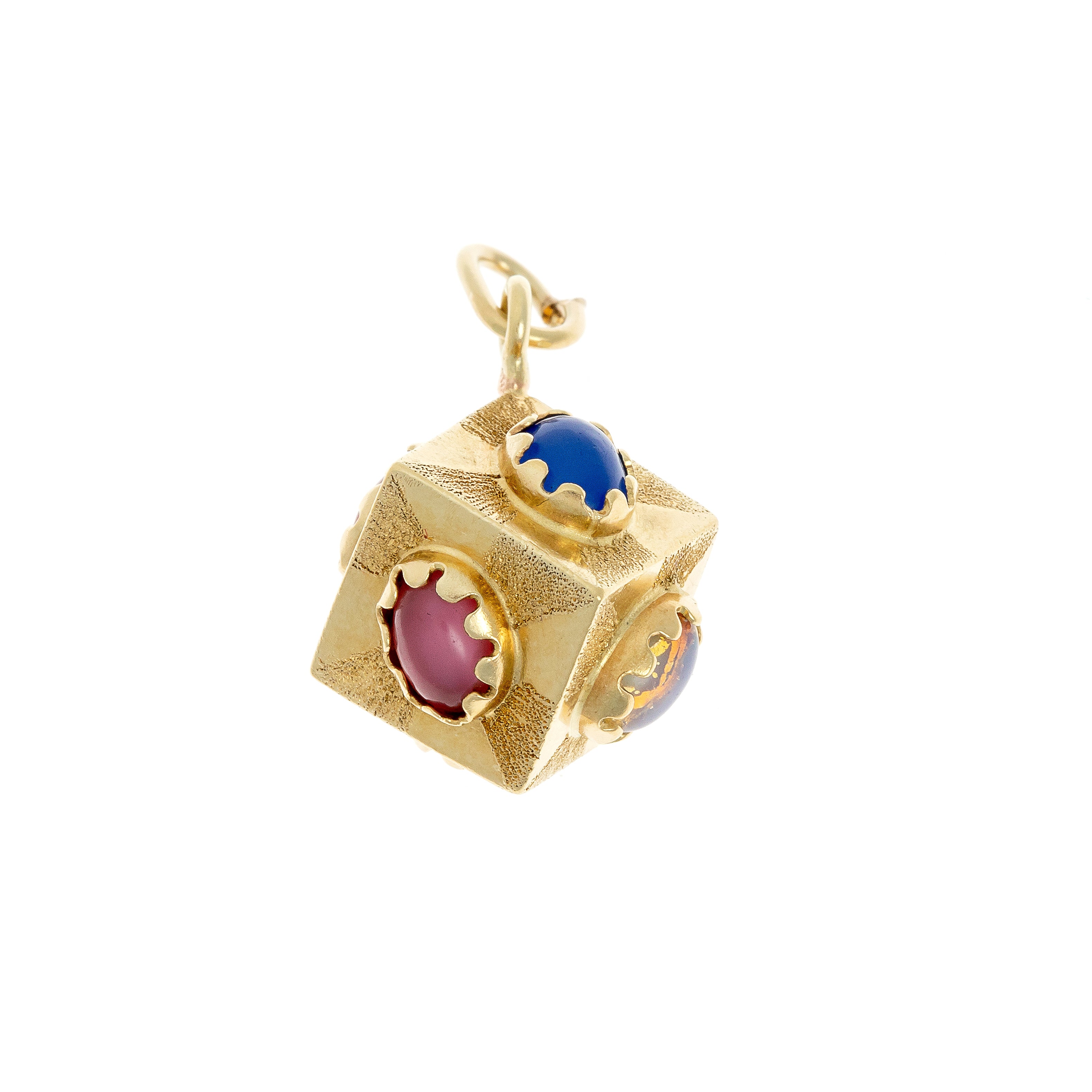 1970s Modernist cube pendant in 9K gold with colorful resin cabochons, featuring a bold geometric design.