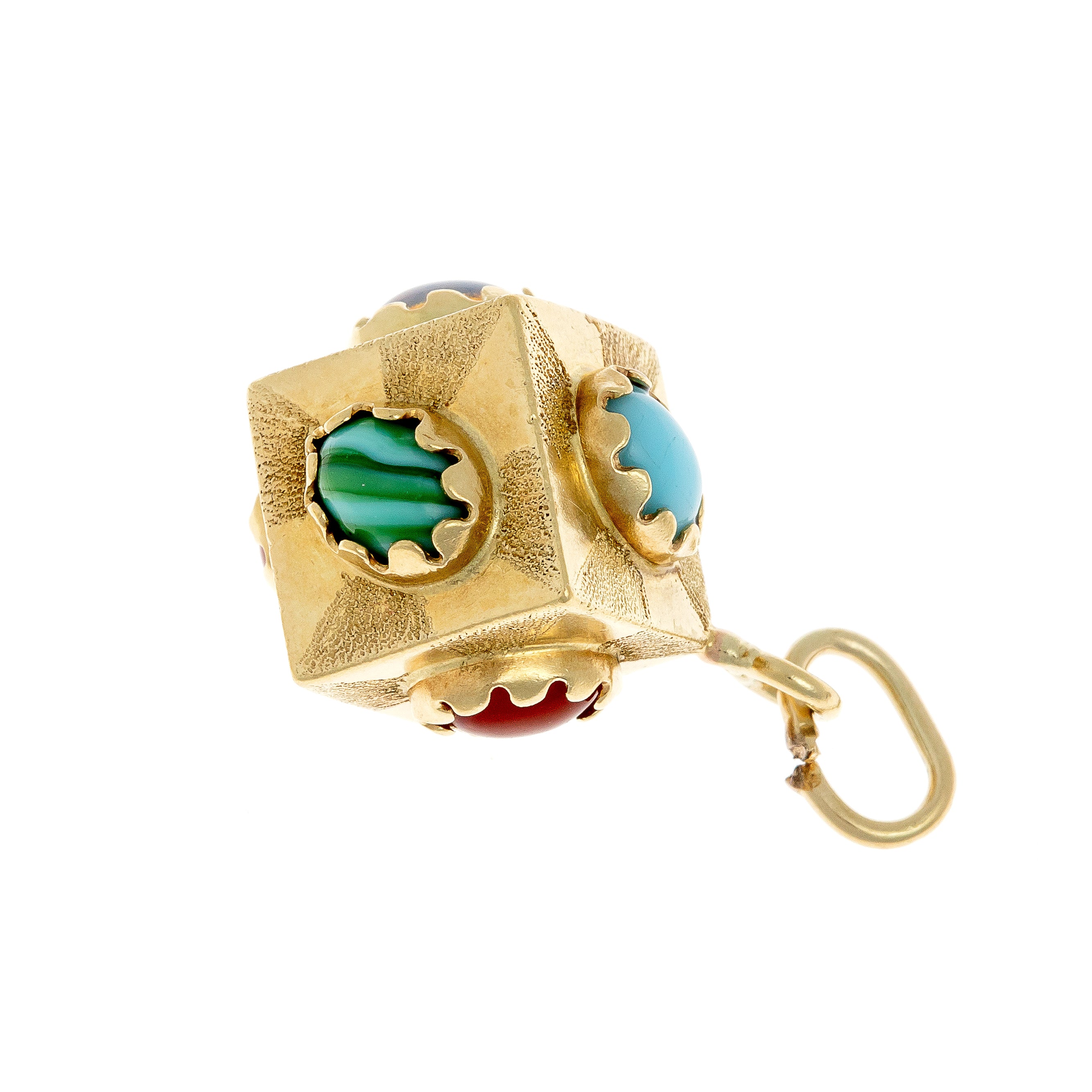 Side view of a 1970s Modernist cube pendant in 9K gold, showcasing textured surfaces and vibrant cabochon gemstones.

