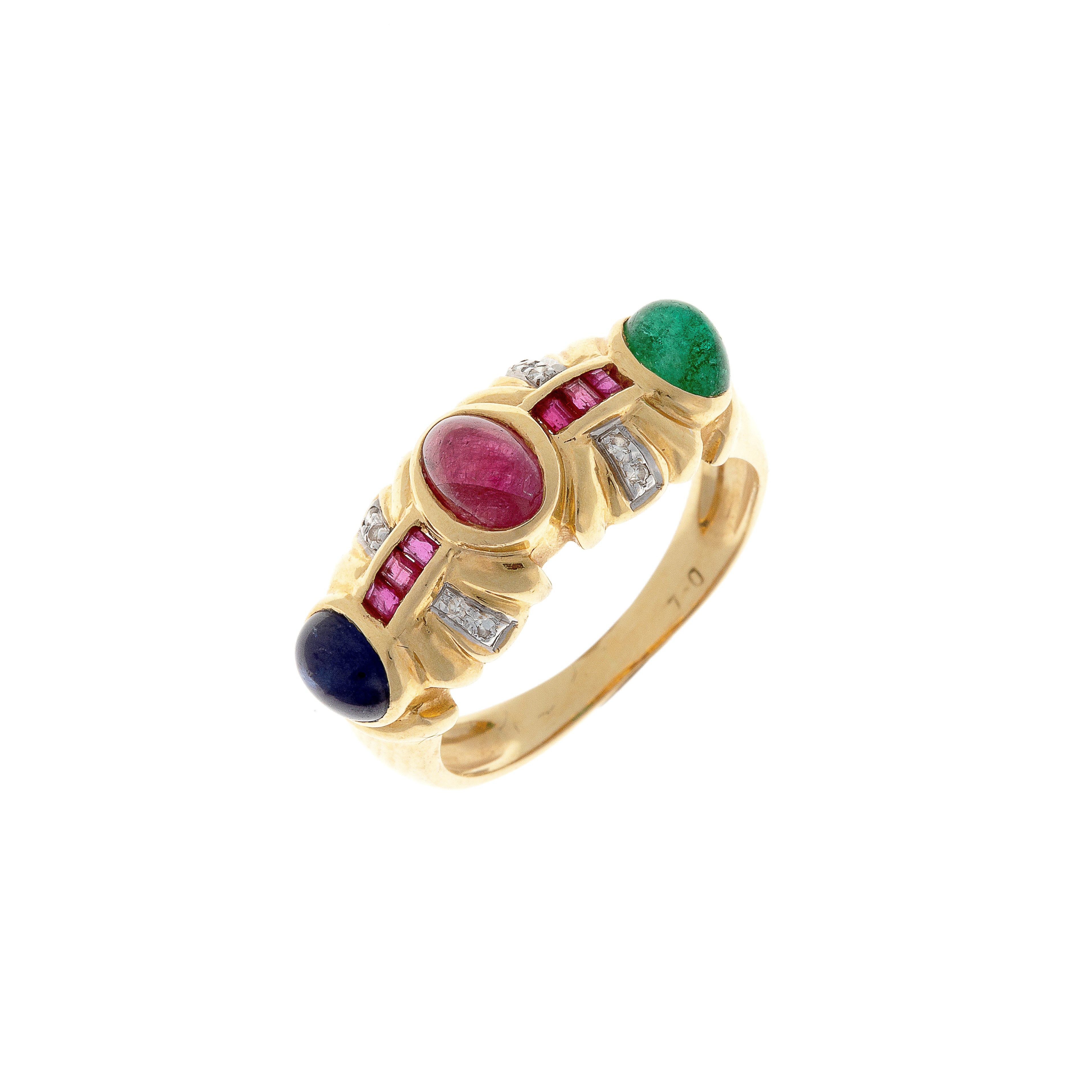 Angled view of bold gold cocktail ring showcasing vibrant gemstone trio and diamond accents.