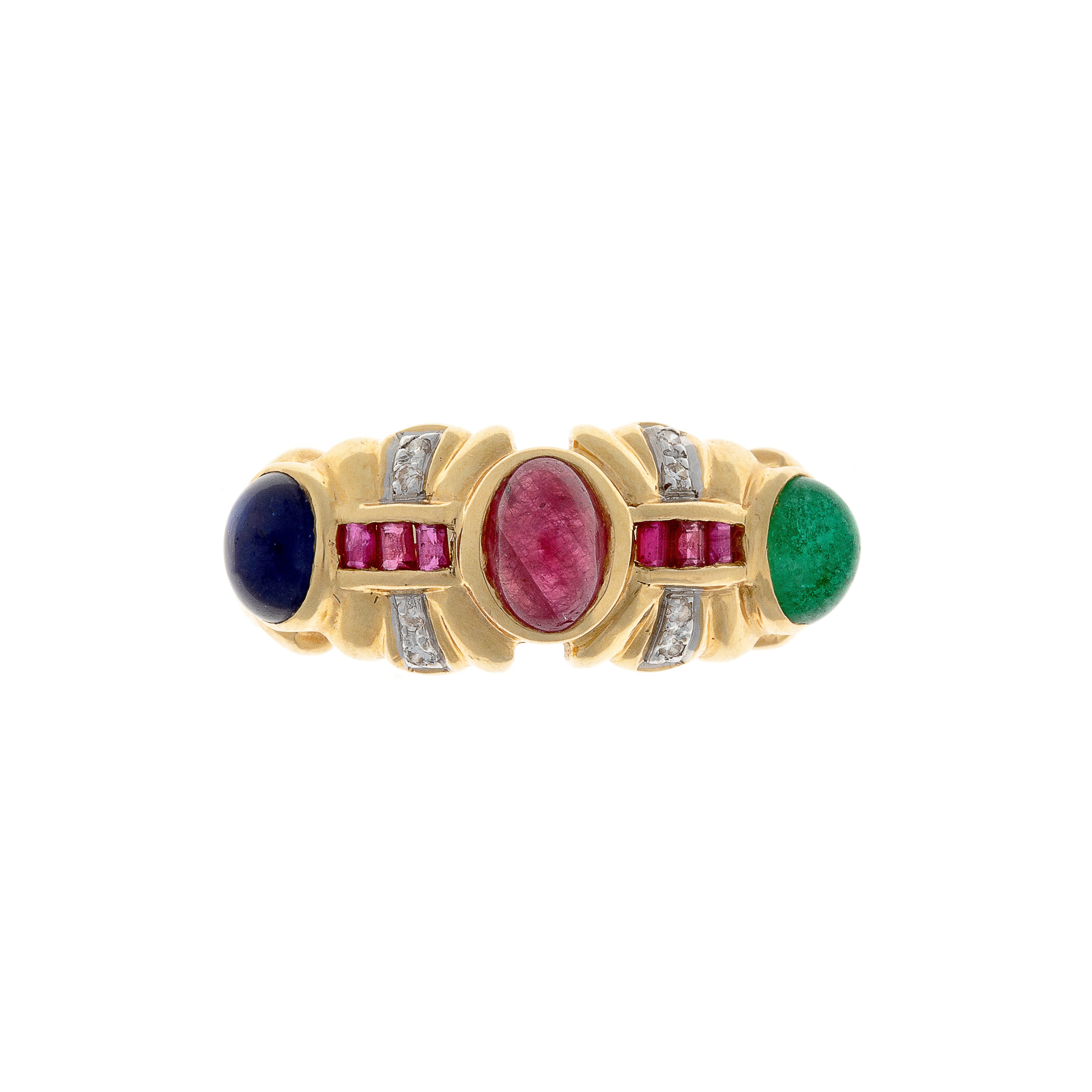 Front view of 1980s French 18K gold cocktail ring with sapphire, ruby, emerald cabochons and diamonds.