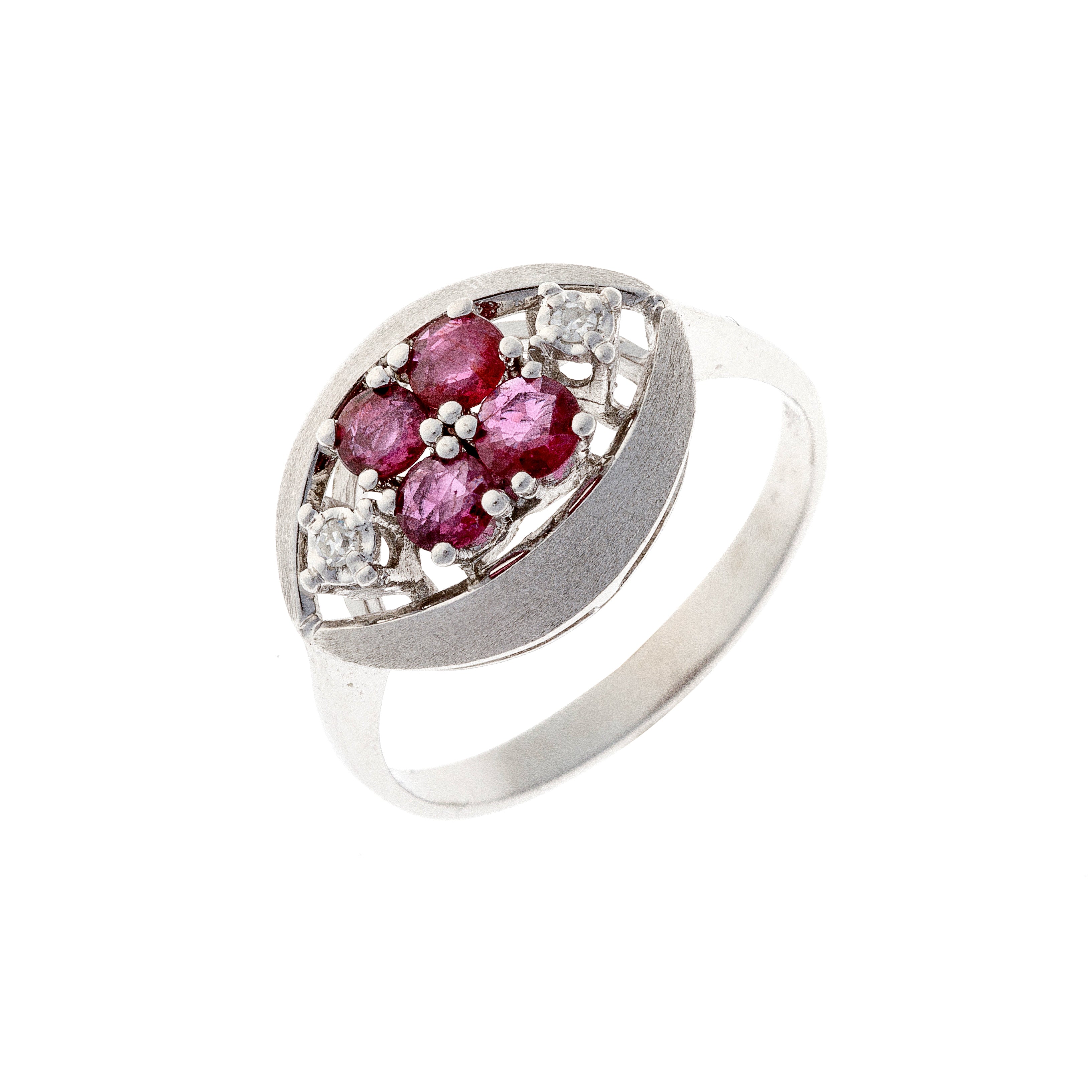 Angled view of a vintage 14K white gold ring showing ruby cluster and pierced Edwardian-inspired detailing.