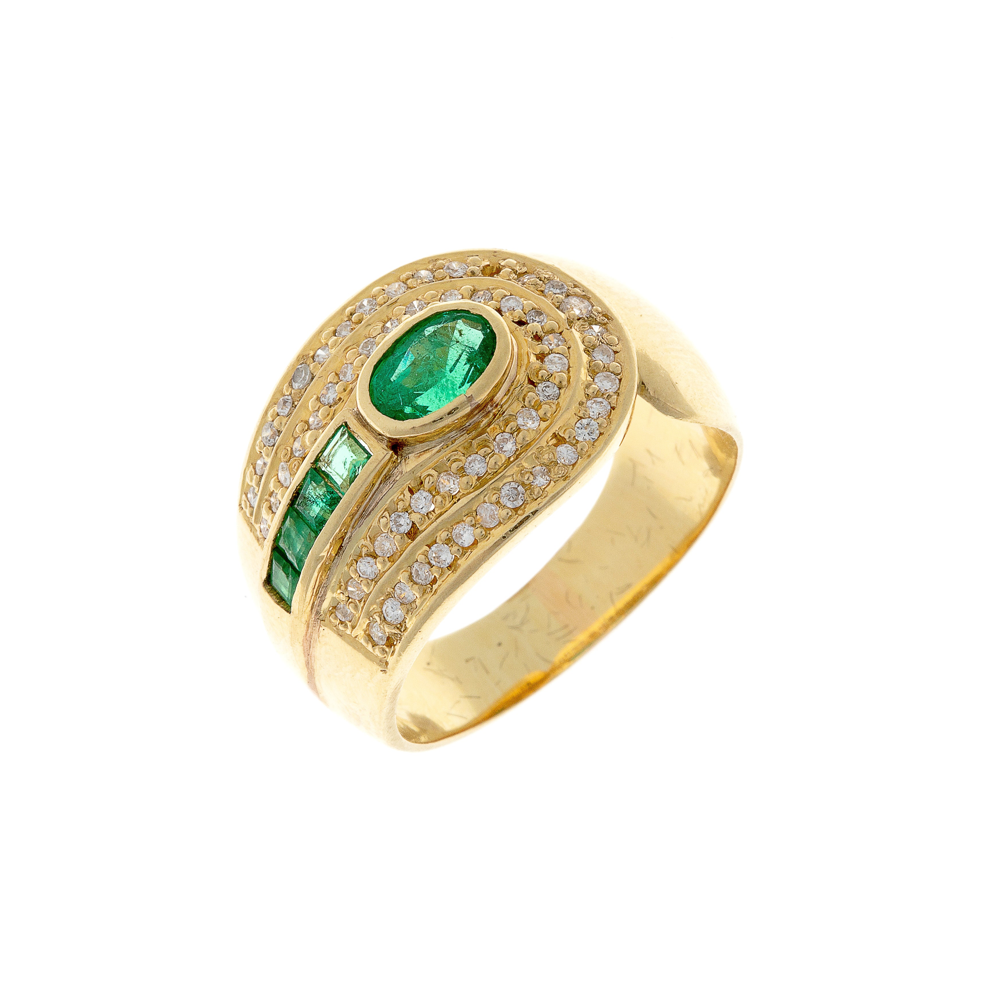 Angled view of a bold Belgian gold ring featuring emerald and diamond details in a stepped late 20th-century design.