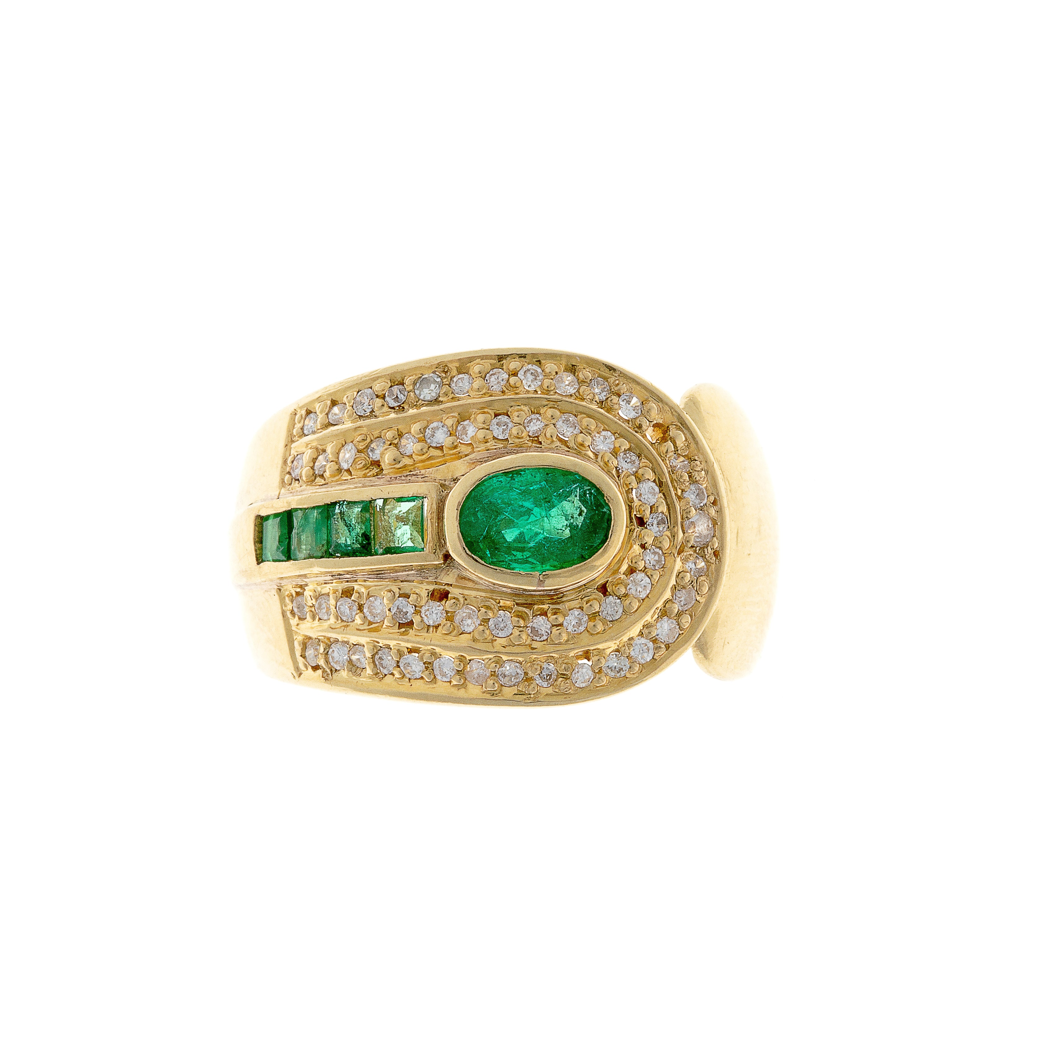 1980s Belgian 18K gold ring with an oval emerald and brilliant-cut diamonds in a postmodern design.