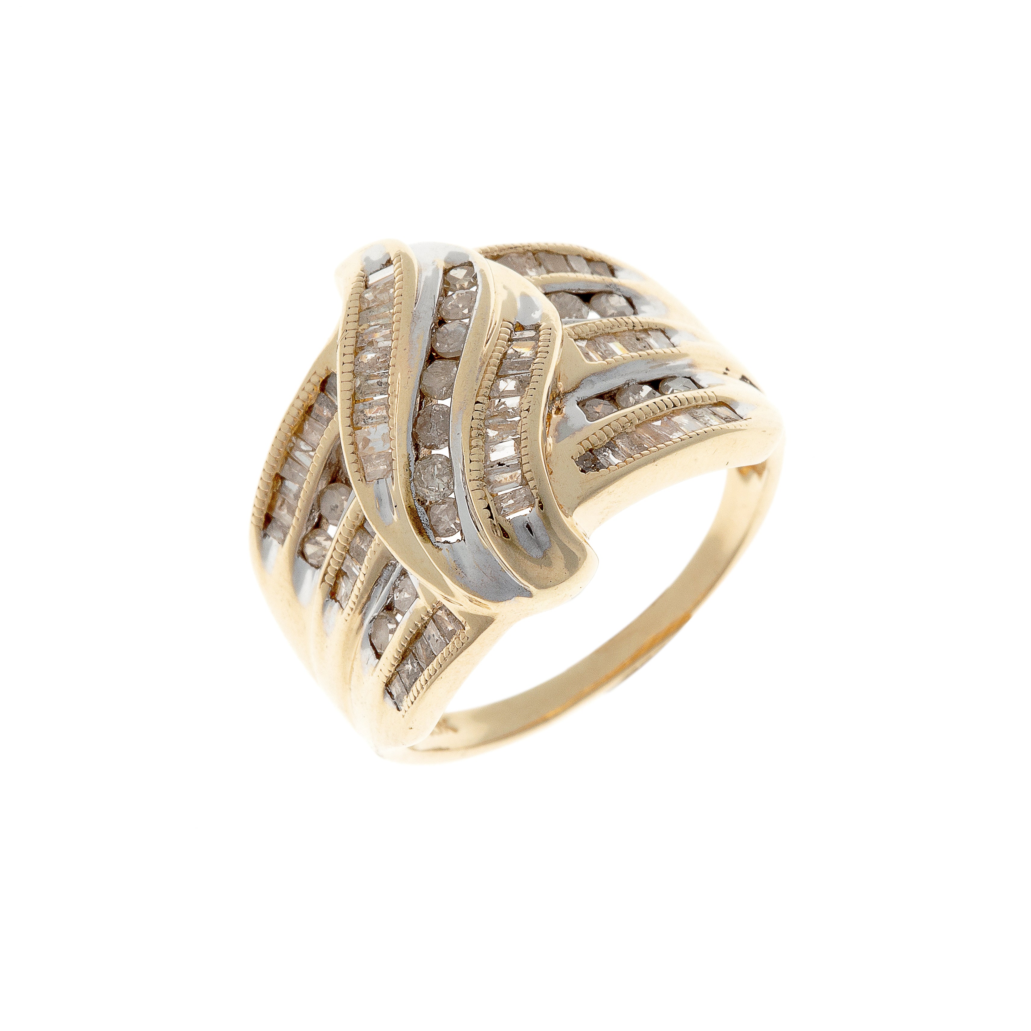 Angled view of vintage French diamond ring with fluid wave design in 9K gold.