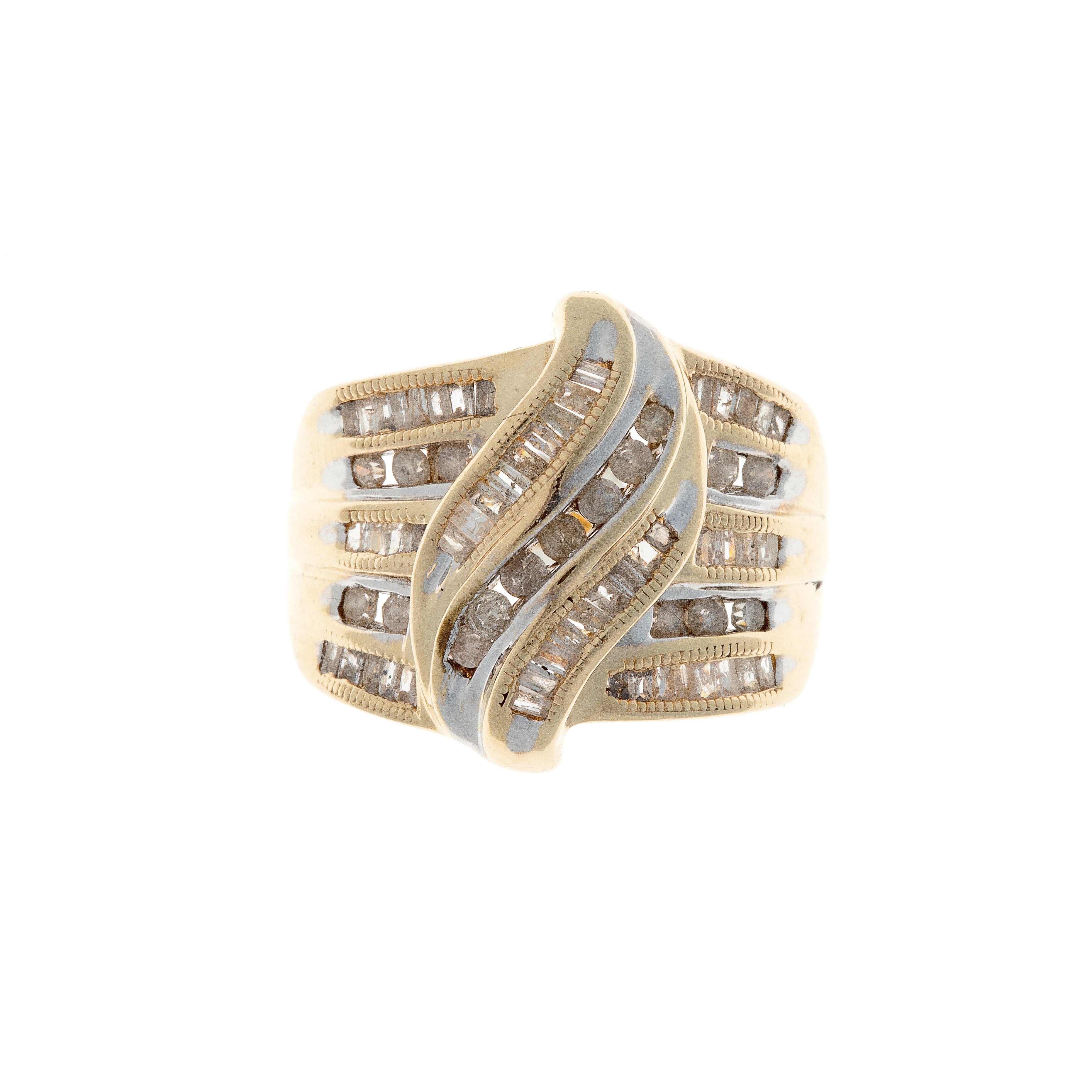 Vintage contemporary 1980s French gold ring with wave-like diamond pattern and sculptural design.