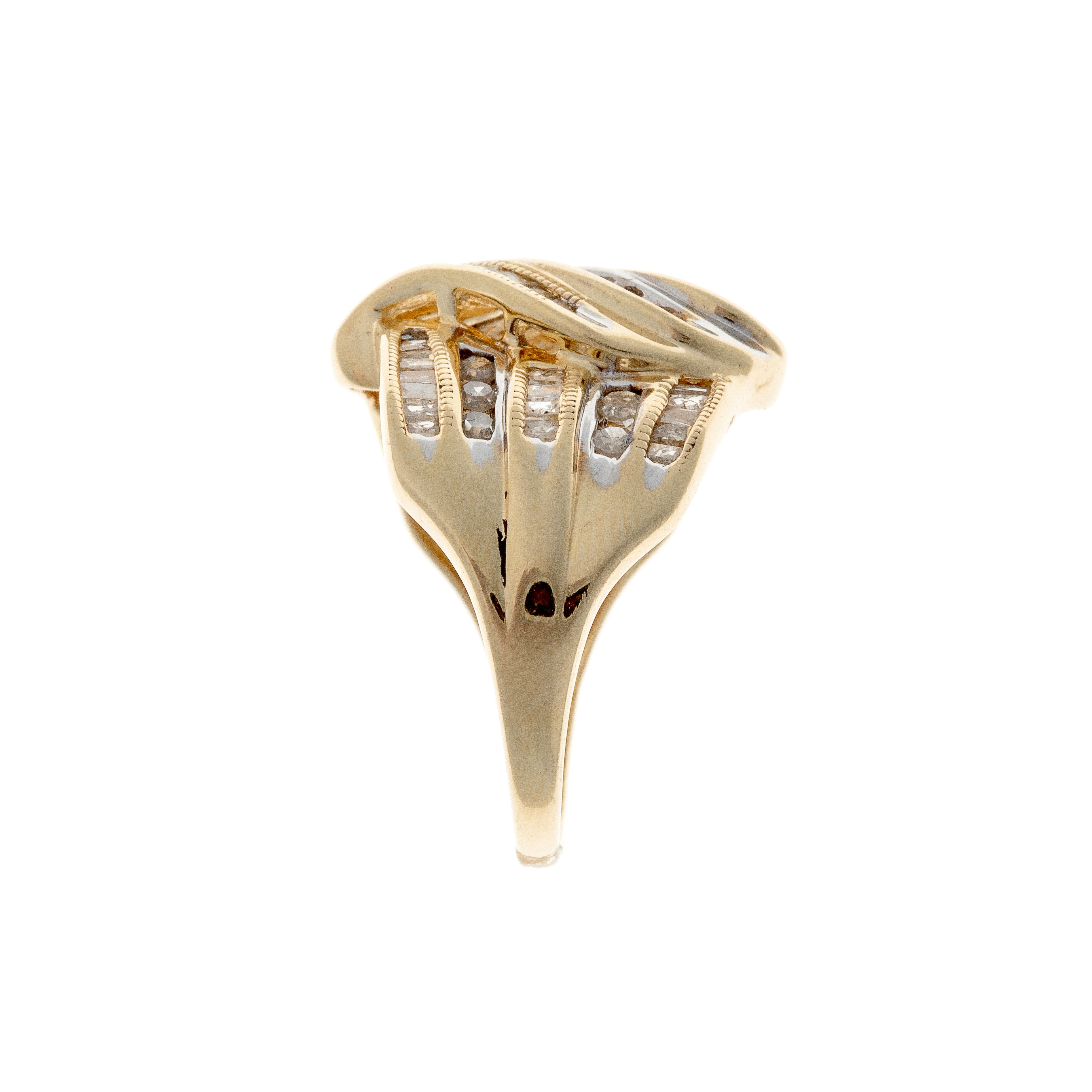 Profile view of gold ring showing layered construction and curved diamond-set pattern.