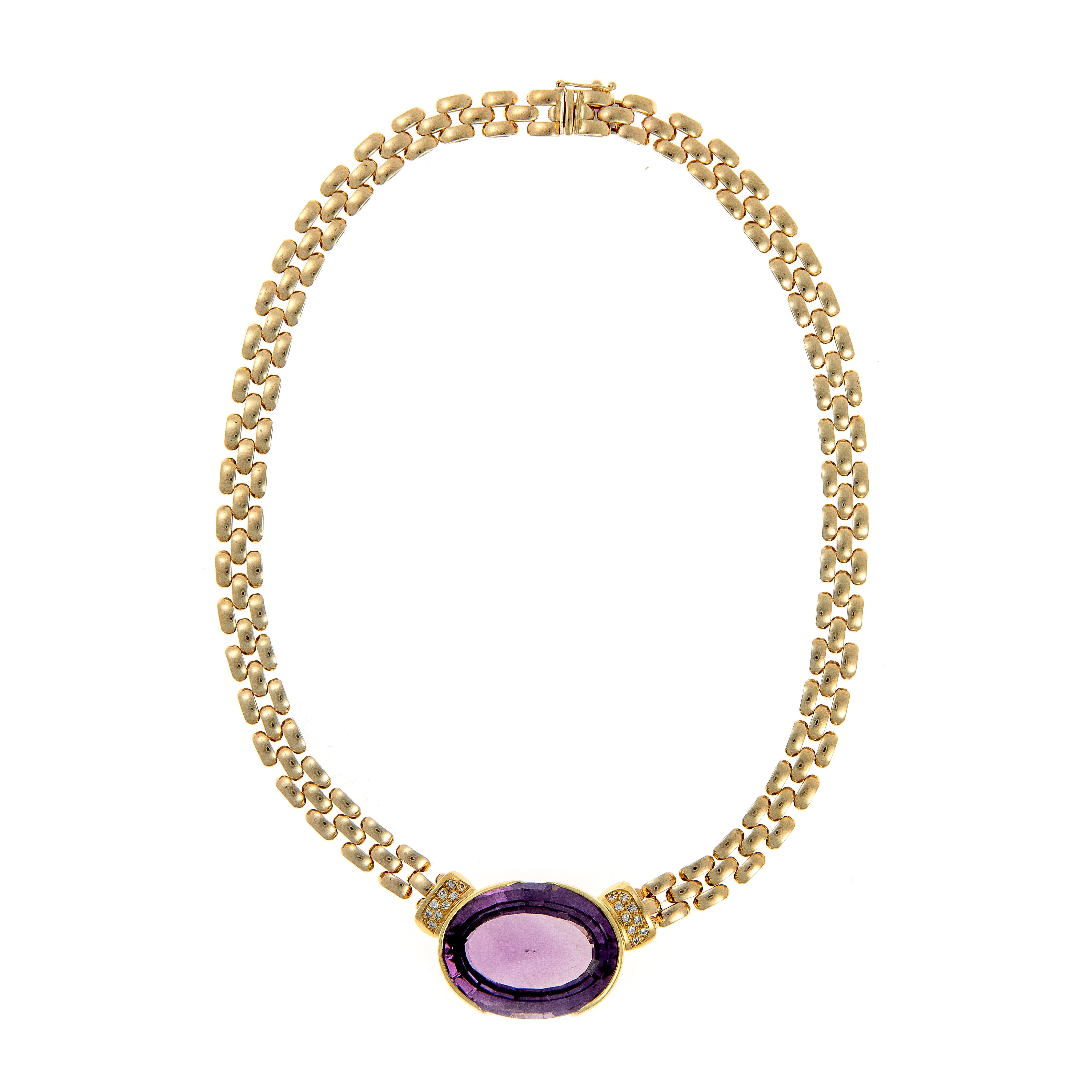 Front view of the Italian gold necklace, showcasing the bold 1980s design with a striking oval amethyst centerpiece.