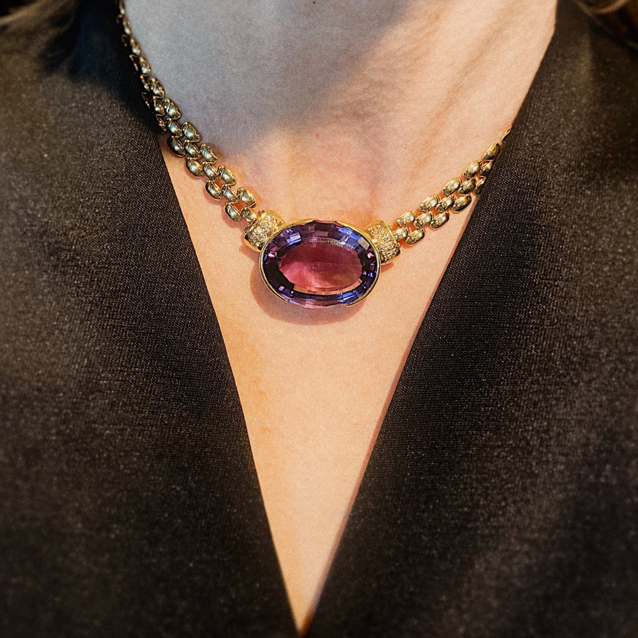 Model wearing the vintage Italian gold necklace with amethyst and diamonds.