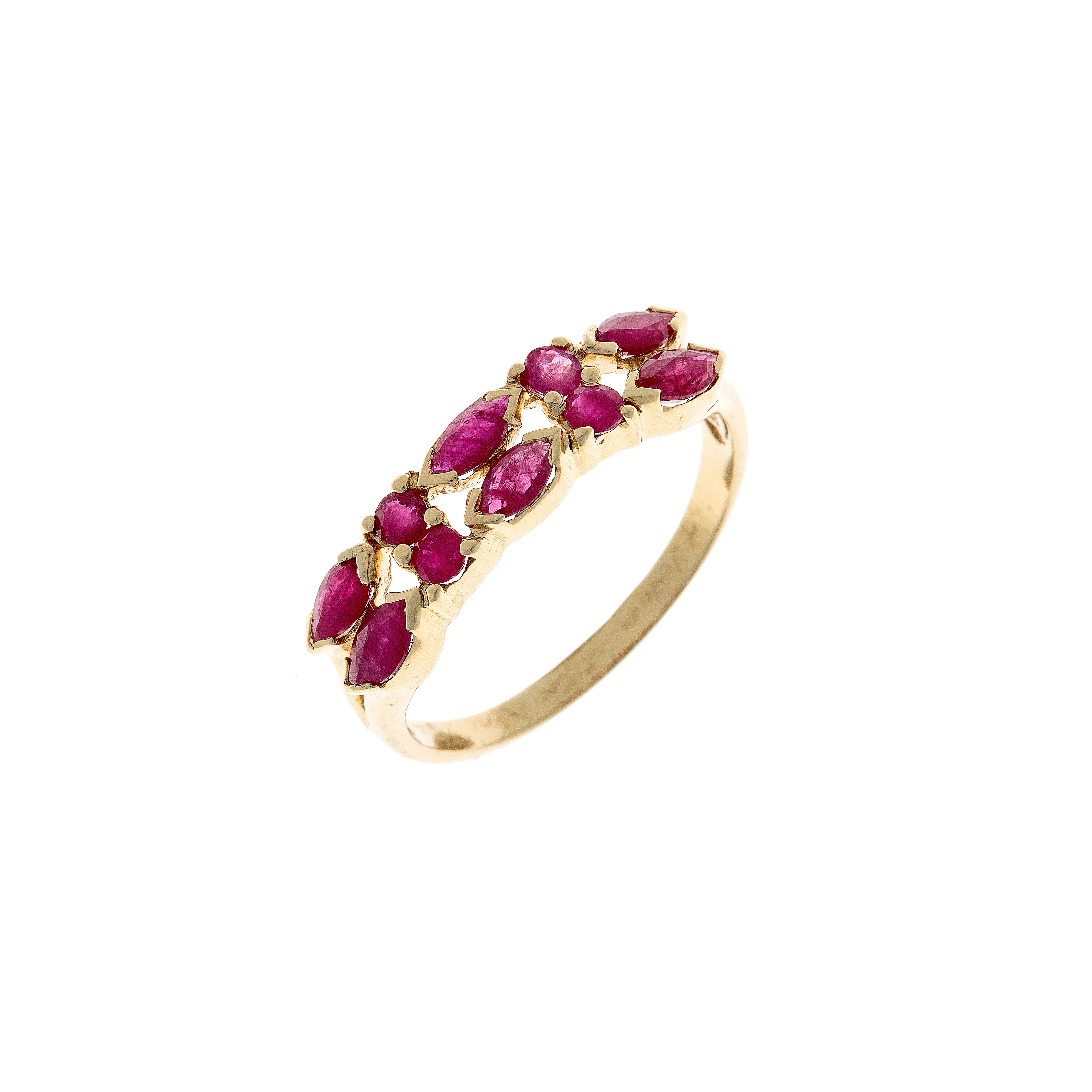 Vintage contemporary 1980s ruby gold ring showcasing alternating marquise and round rubies in clean linear setting.