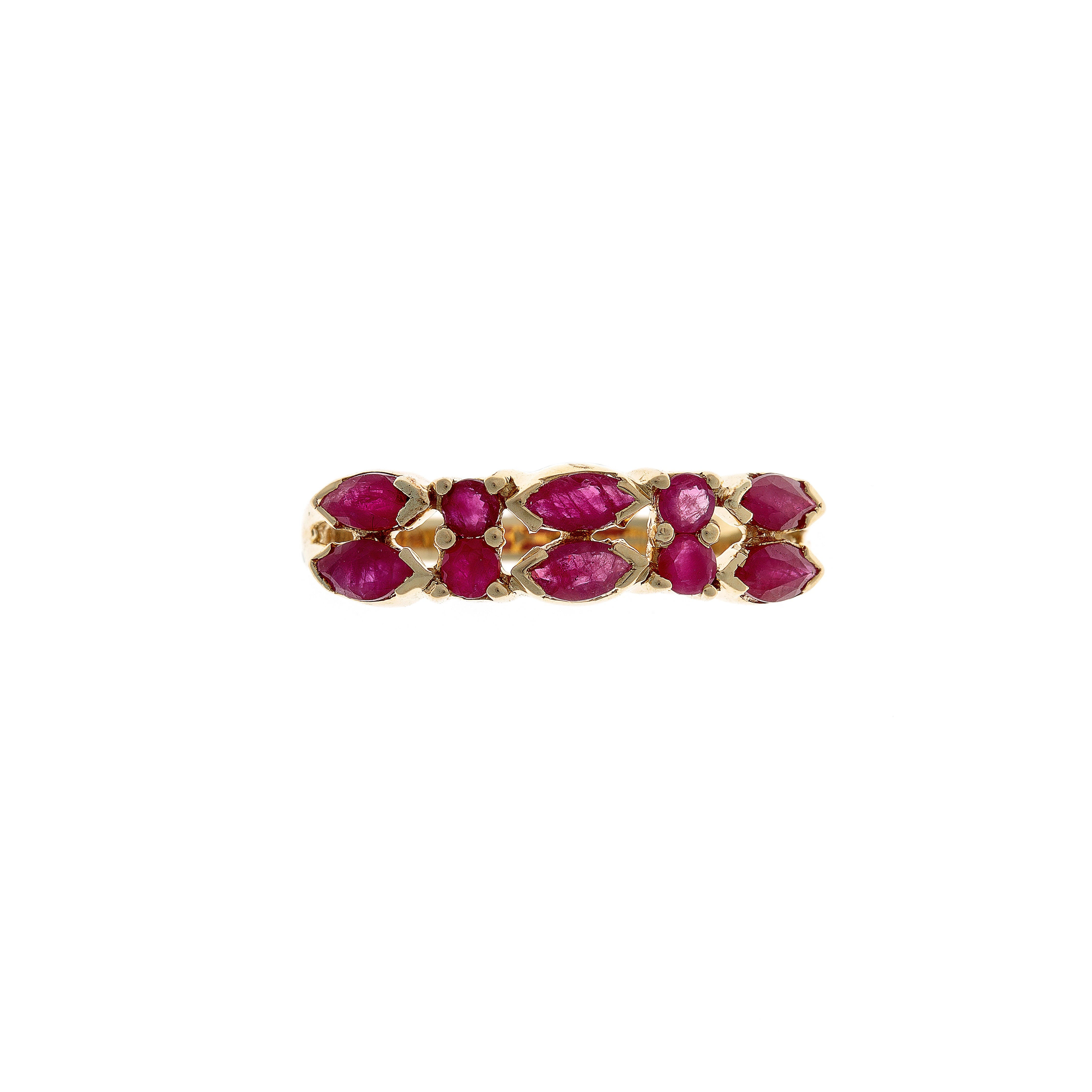 Front view of 14K gold ring with alternating marquise and round-cut rubies in a refined cluster design.