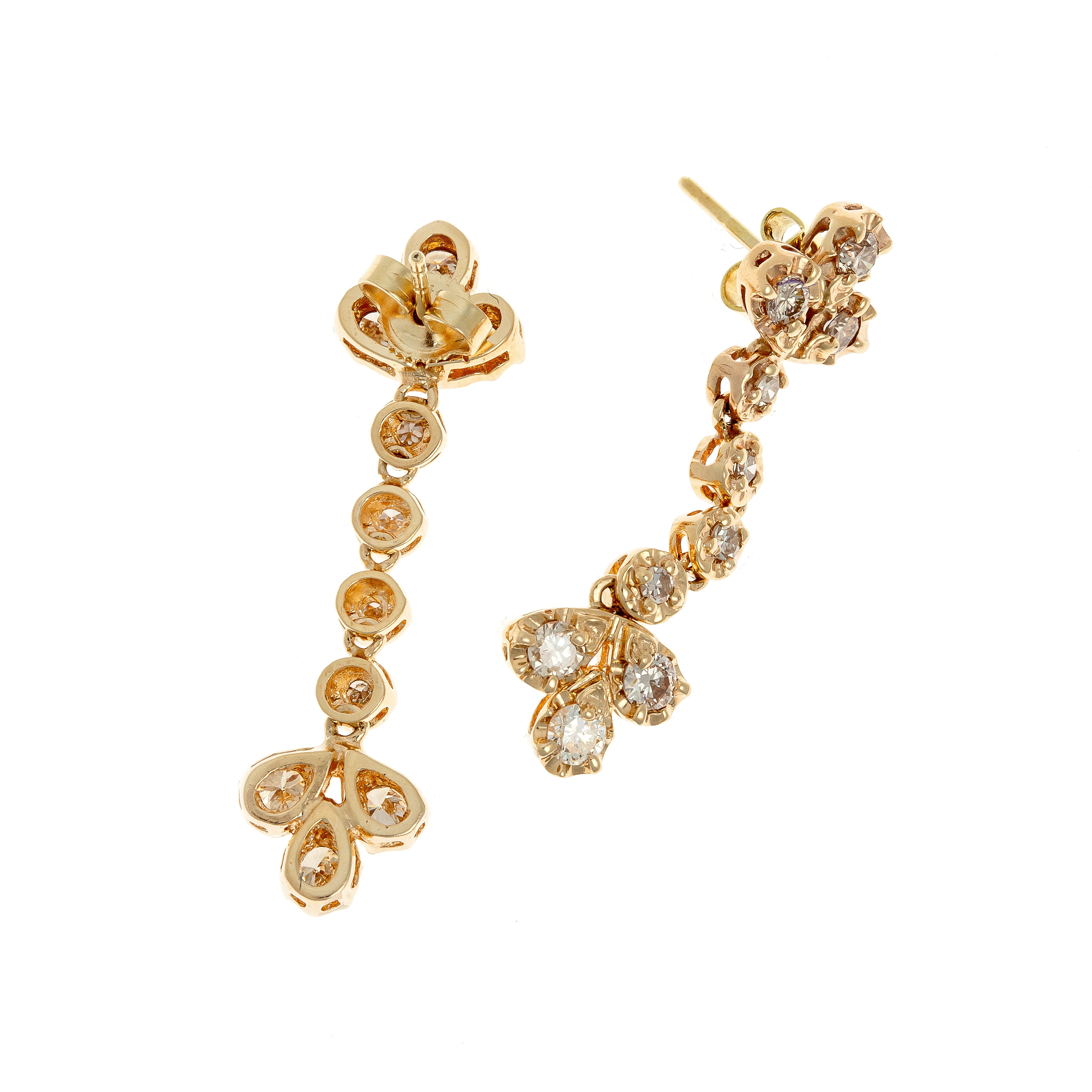 Back view of the gold earrings, displaying the openwork setting and meticulous craftsmanship in the articulated drop design.