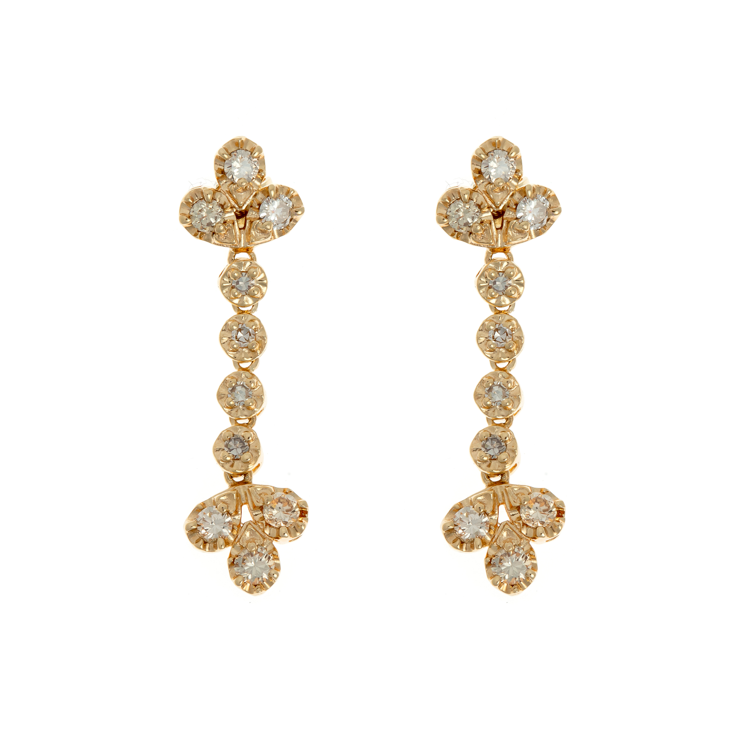 Front view of the 1990s gold diamond drop earrings, showcasing floral-inspired diamond clusters and an articulated drop design.