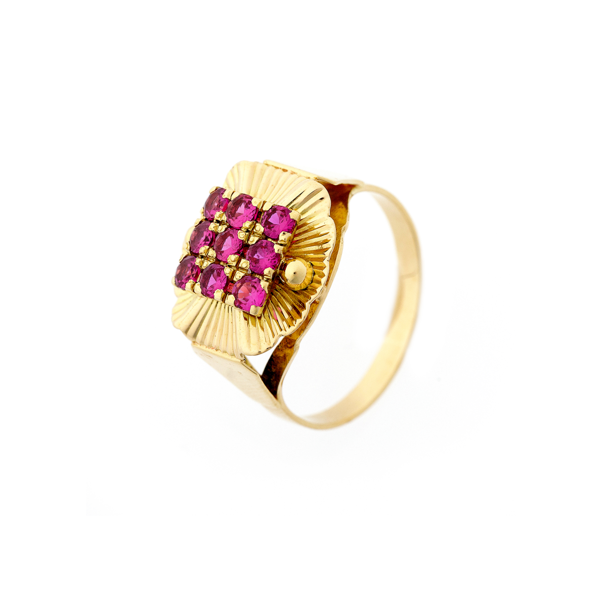 Gold Floral Motif Ring with Synthetic Rubies