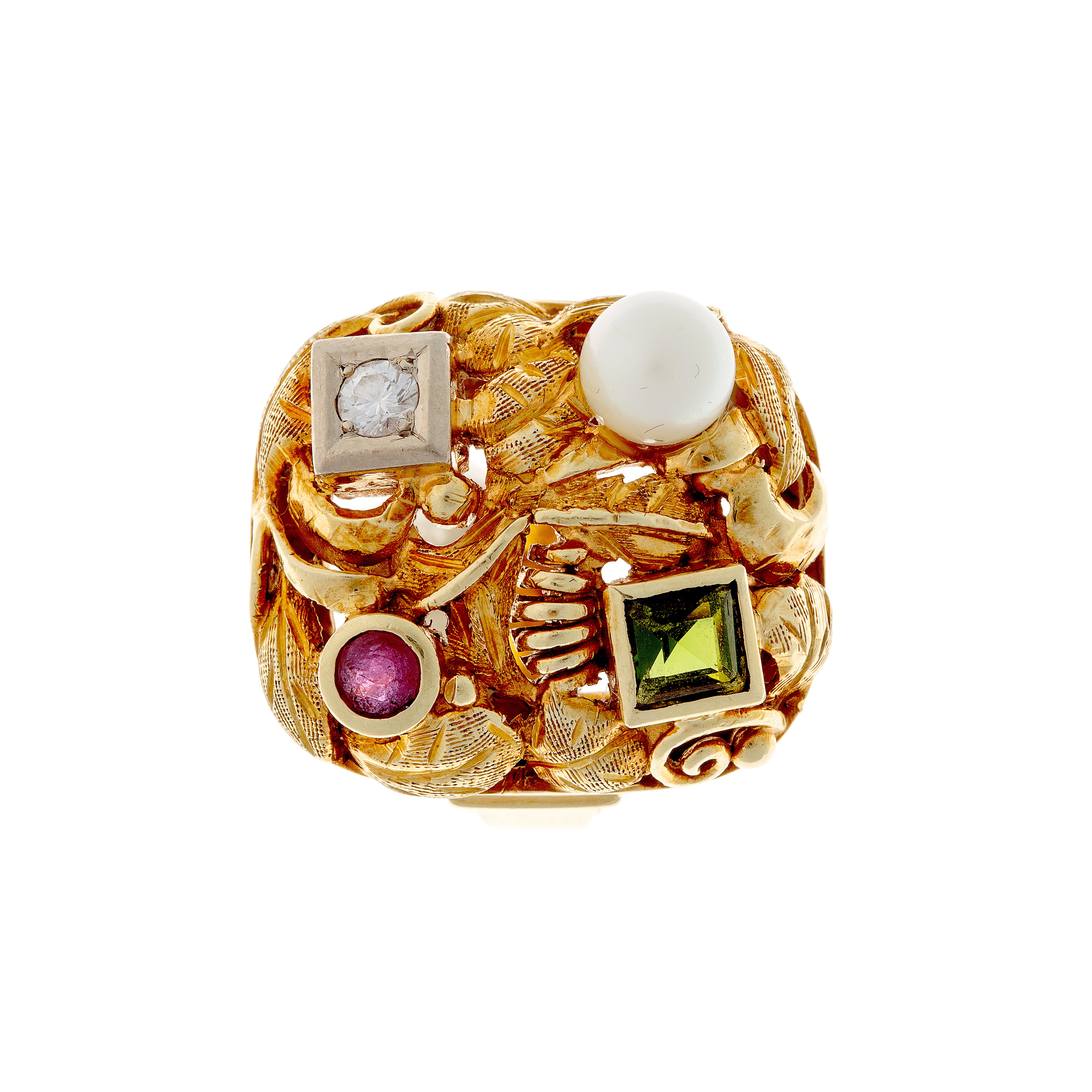 Gold Cocktail Ring with Diamond, Ruby & Tourmaline