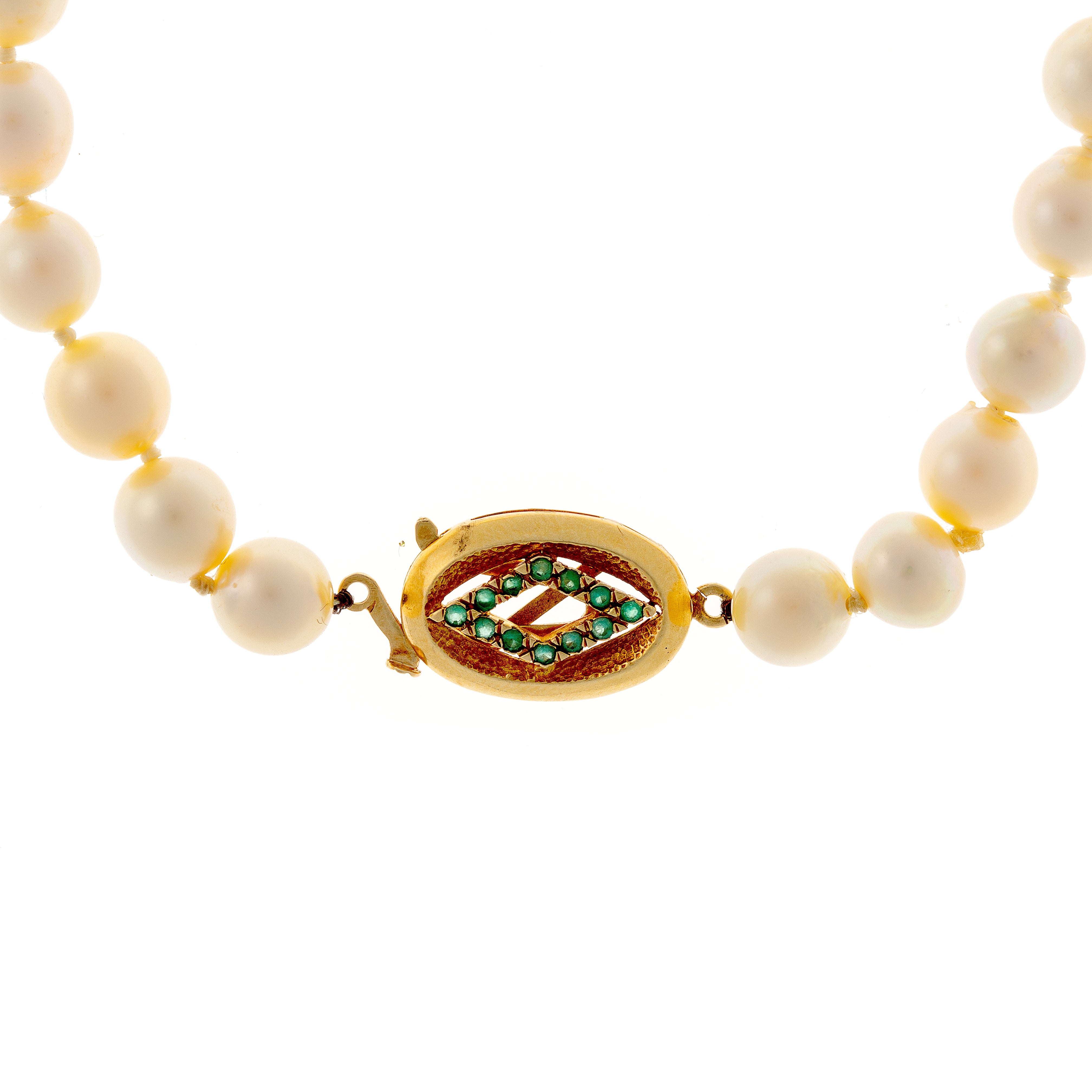 Pearl Necklace with Gold & Emerald Clasp