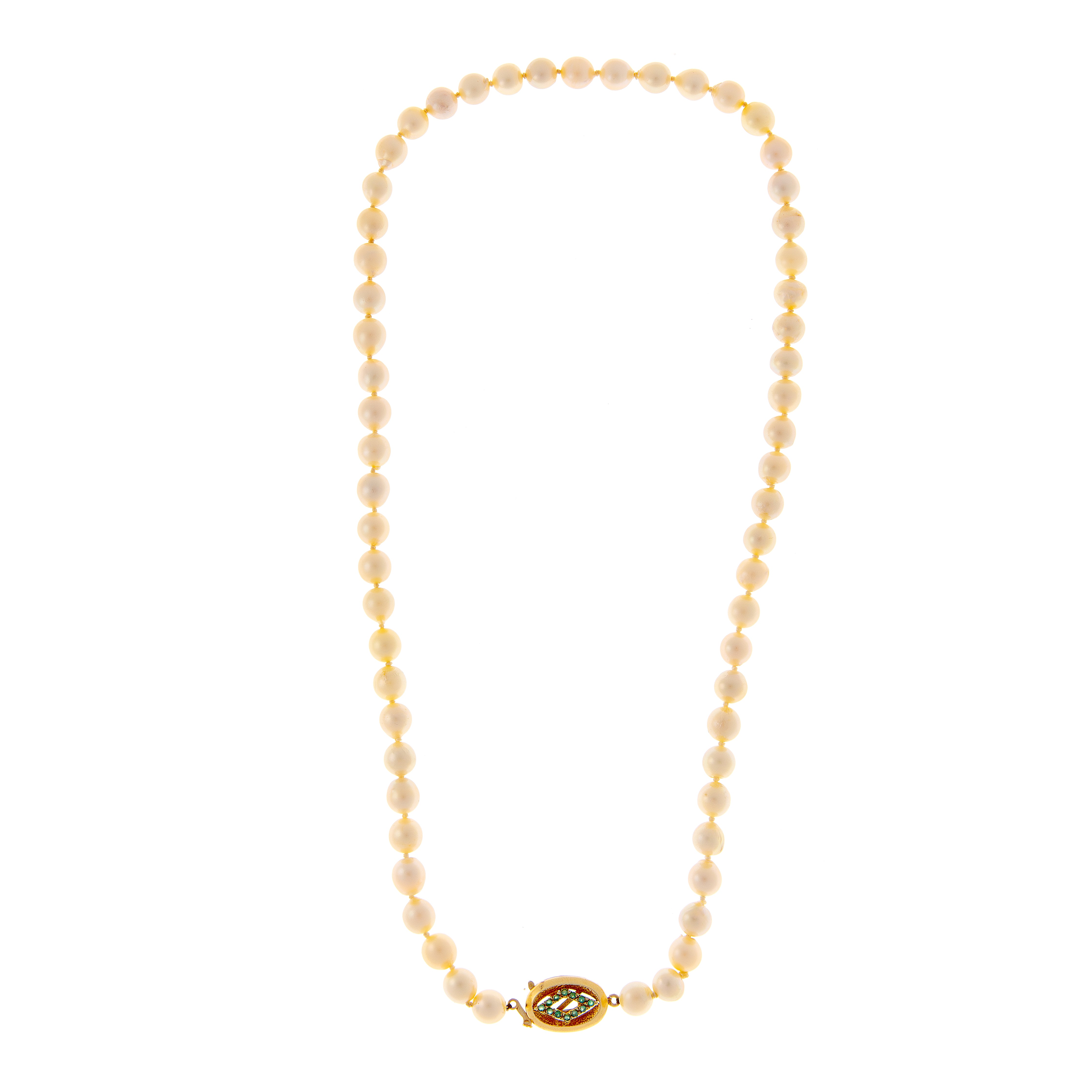 Pearl Necklace with Gold & Emerald Clasp