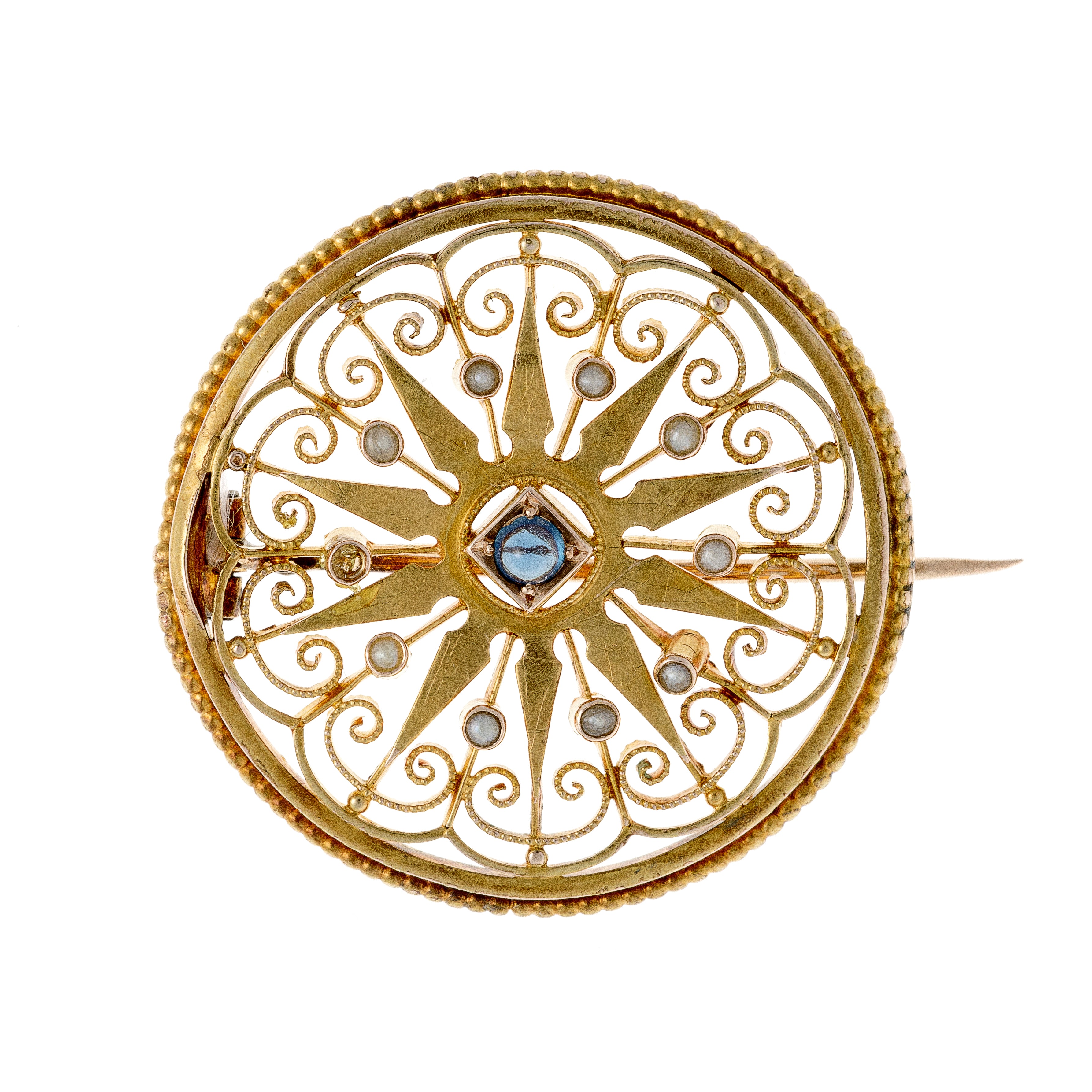 Gold Filigree Brooch with Sapphire