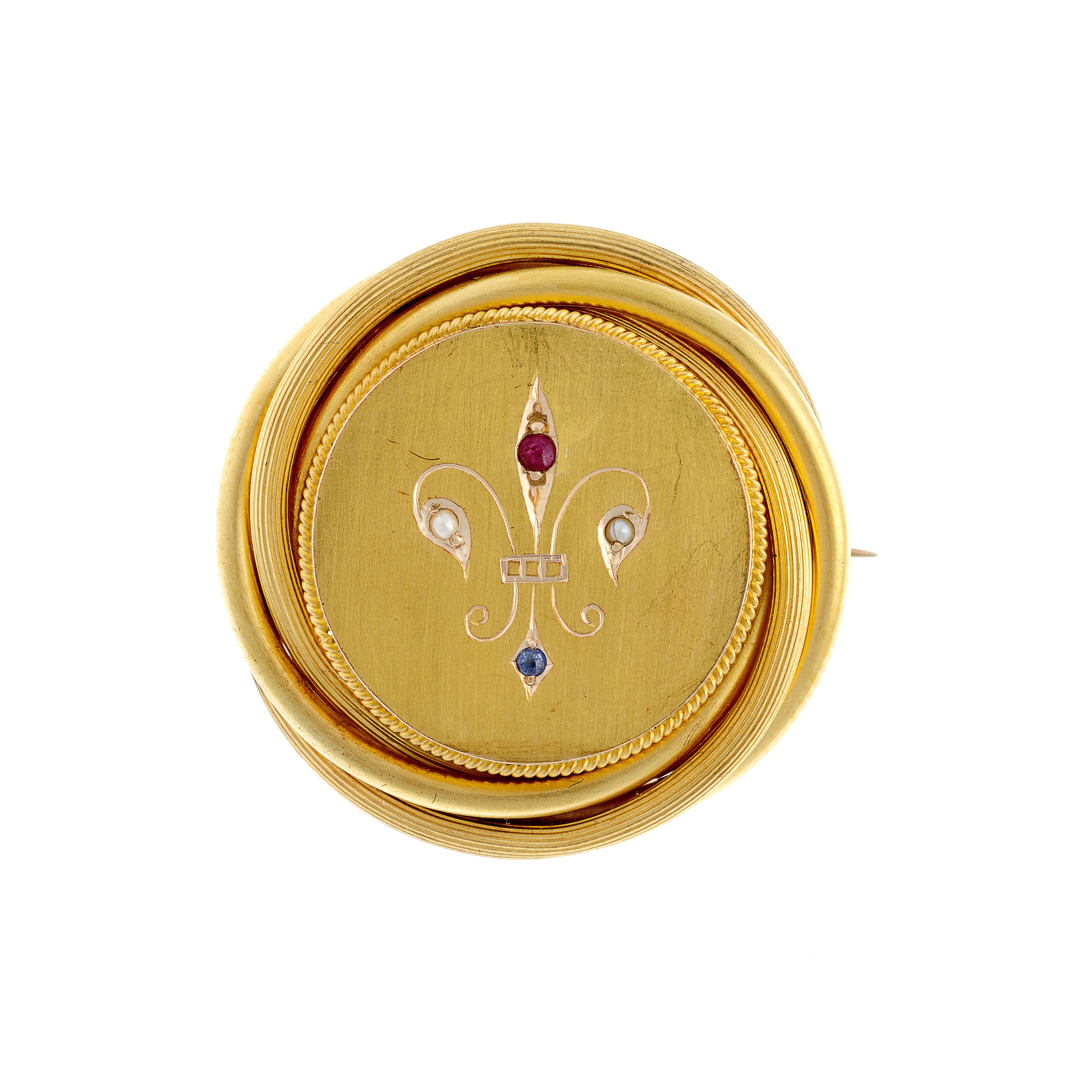 Gold Brooch with Pearls, Sapphire & Ruby