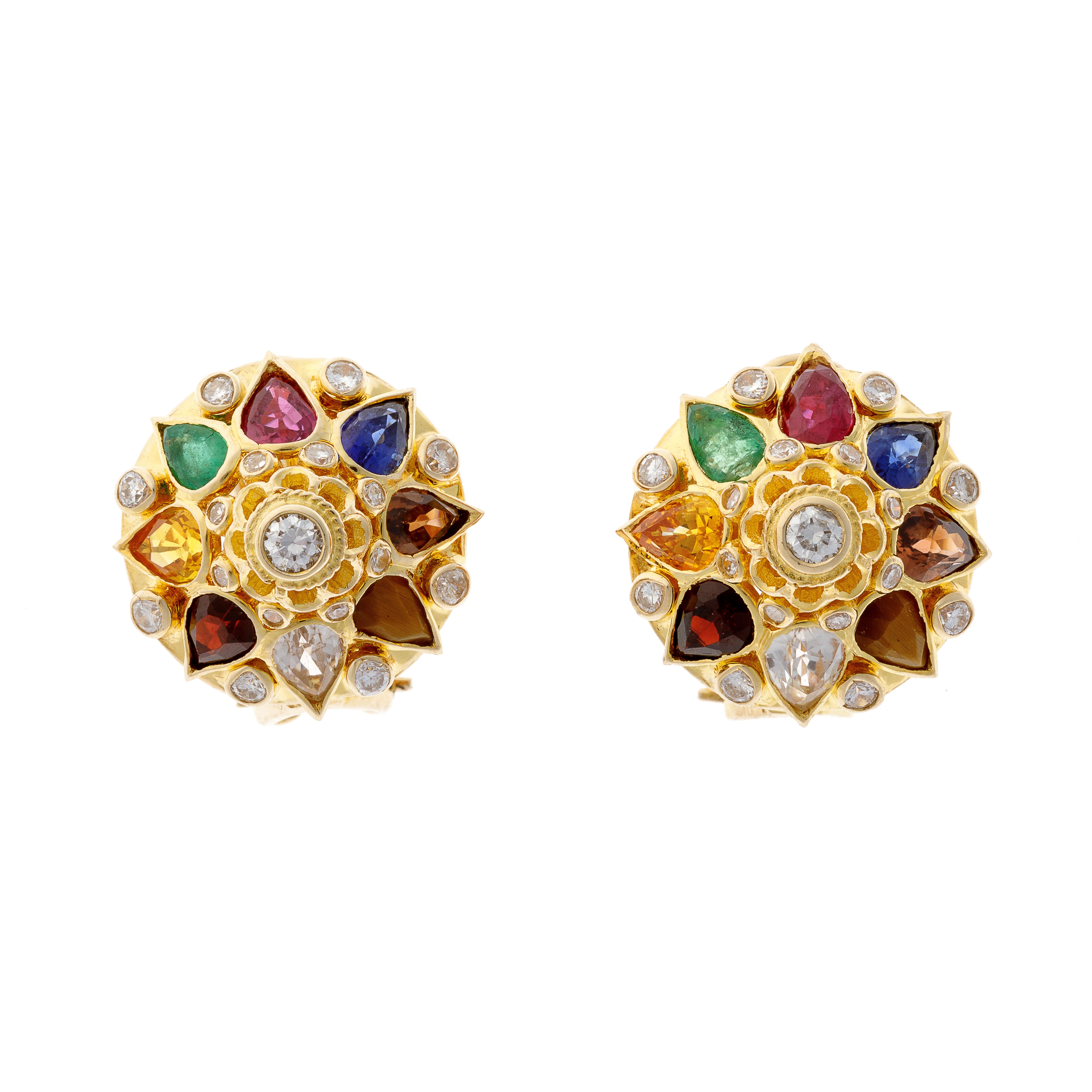 Sapphire, Ruby, Emerald & Diamond Gold Earrings