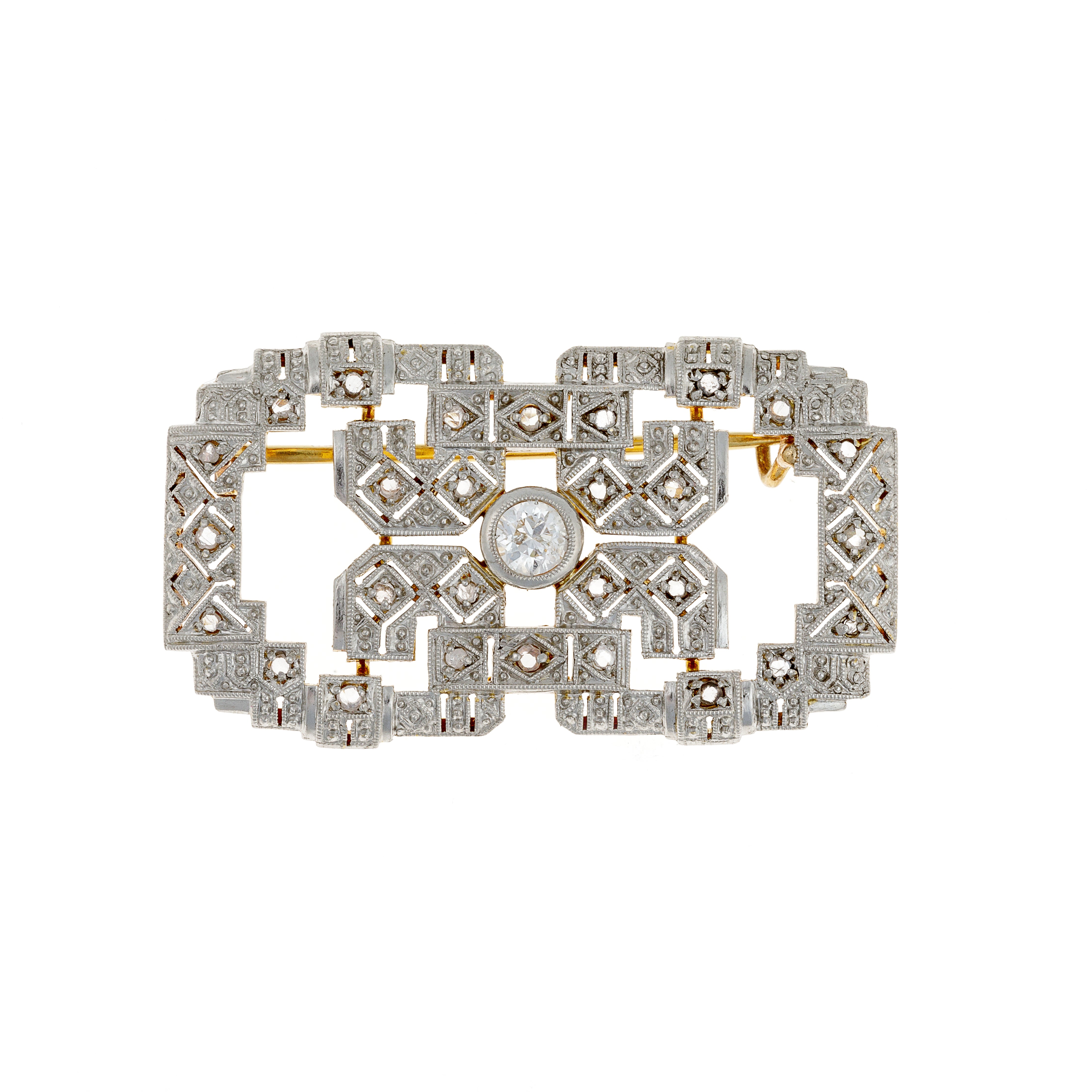 Art Deco Geometric Gold Brooch with Diamonds