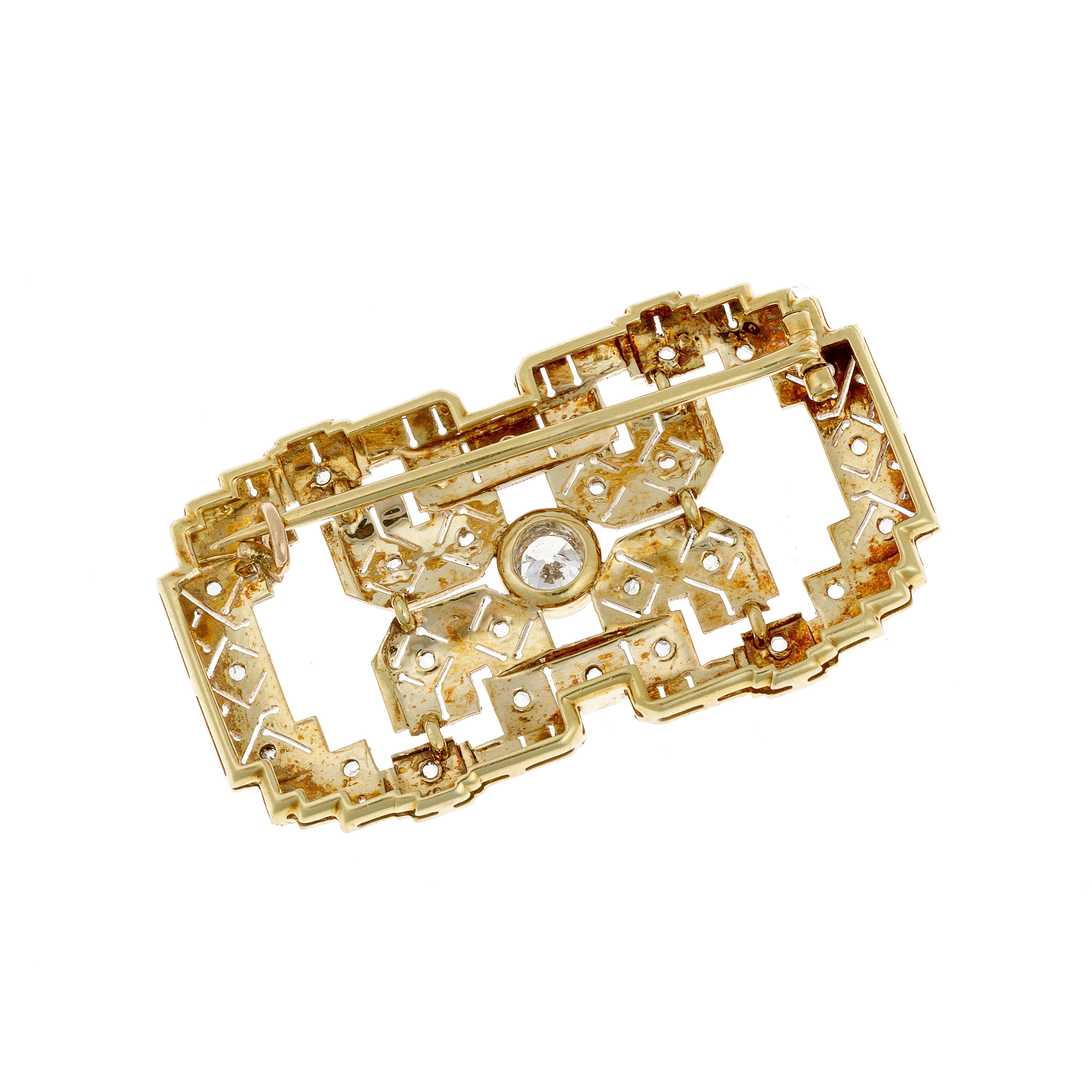 Art Deco Geometric Gold Brooch with Diamonds