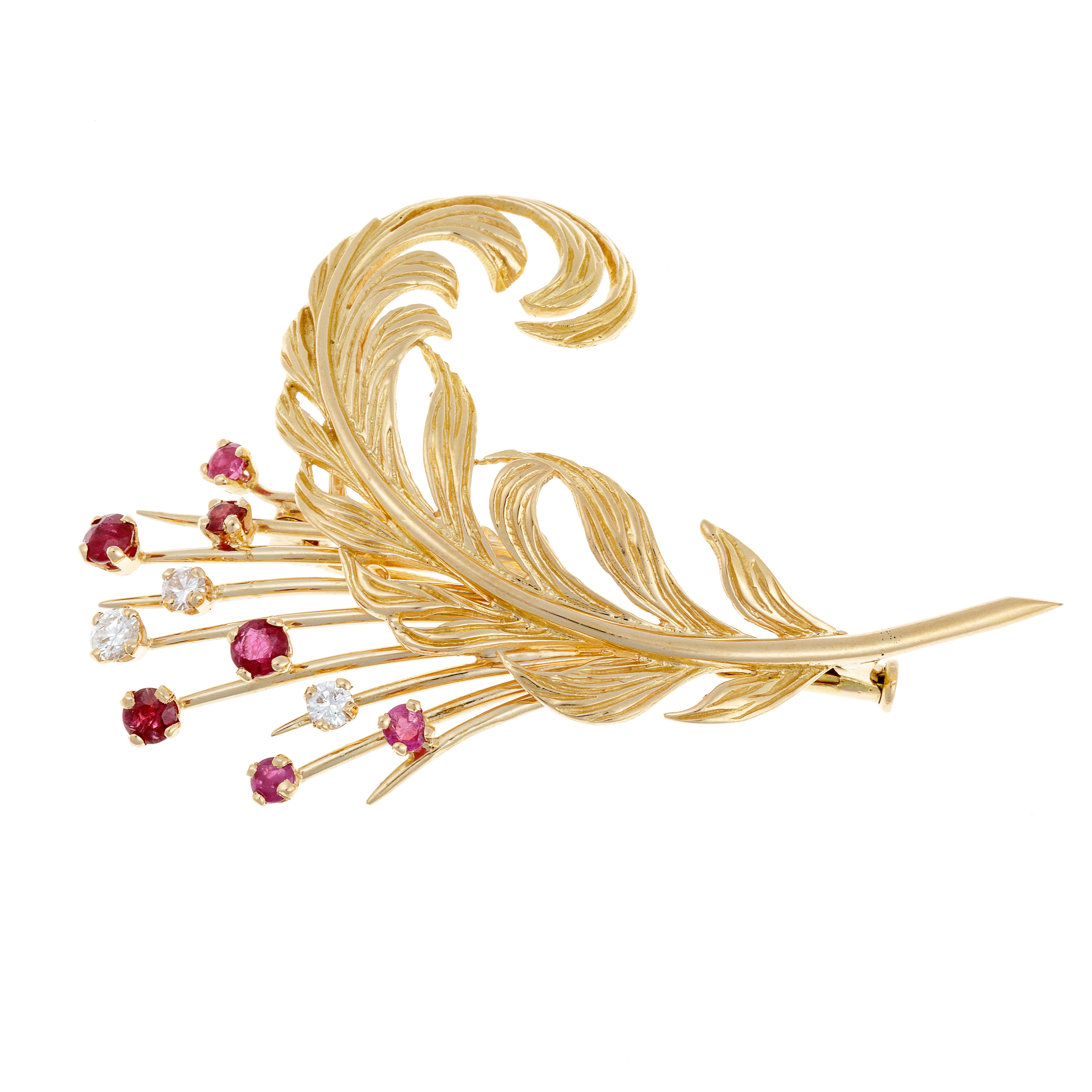 Gold Feather Brooch with Diamonds and Rubies