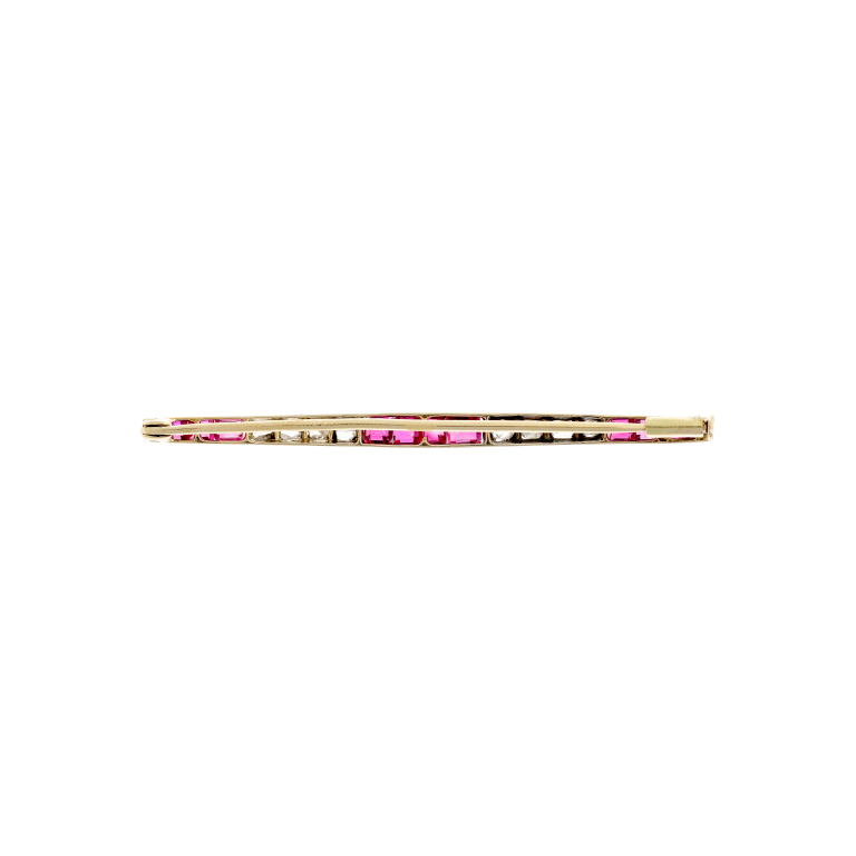 Gold Bar Brooch with Diamonds & Synthetic Rubies