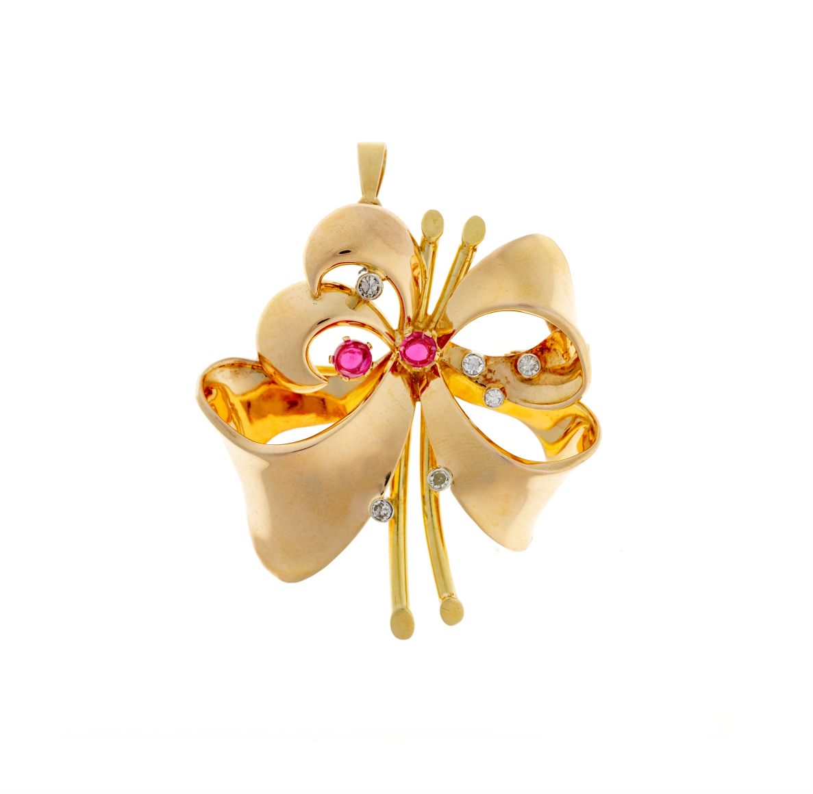 Diamond Gold Brooch Pendant with Lab-Grown Rubies