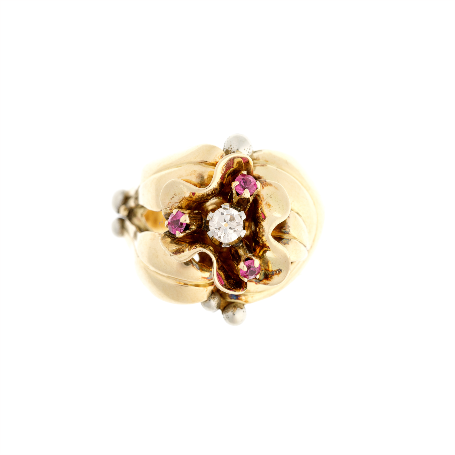 Diamond Gold Flower Ring with Lab-Grown Red Corundum