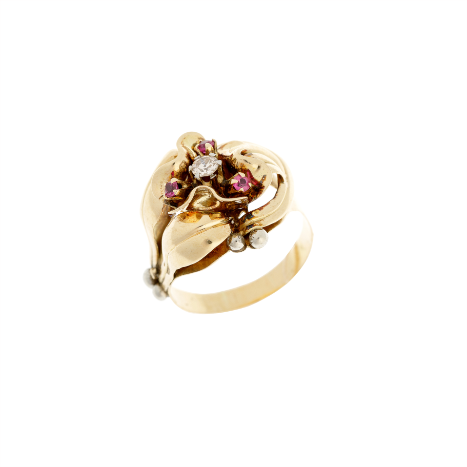 Diamond Gold Flower Ring with Lab-Grown Red Corundum