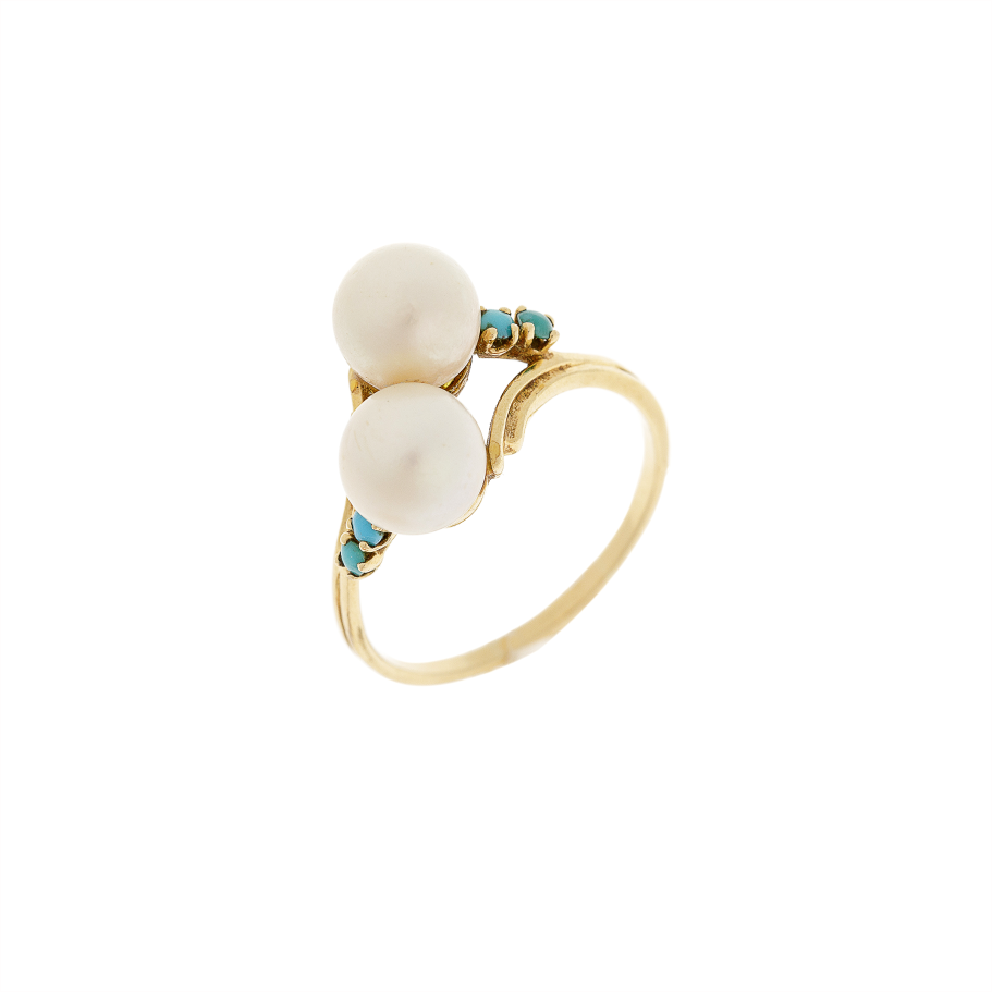 Gold Ring with Cultured Pearls & Turquoise