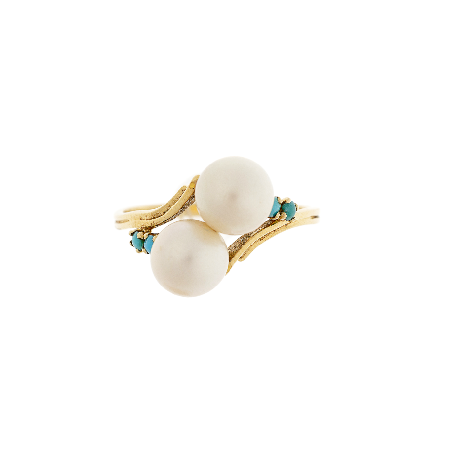 Gold Ring with Cultured Pearls & Turquoise