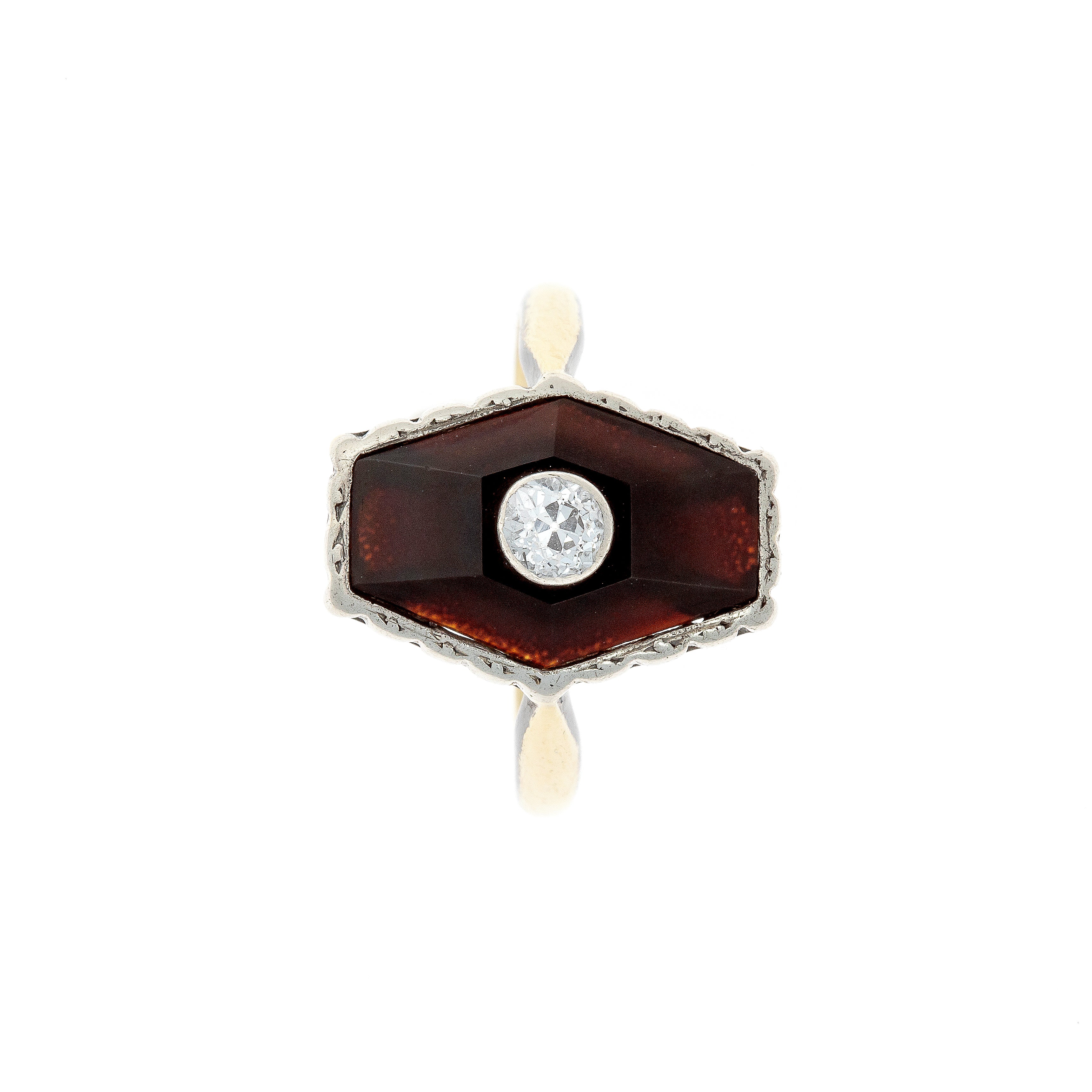Top view of a Dutch Art Deco onyx and diamond ring, showcasing its geometric hexagonal setting and intricate silver detailing.