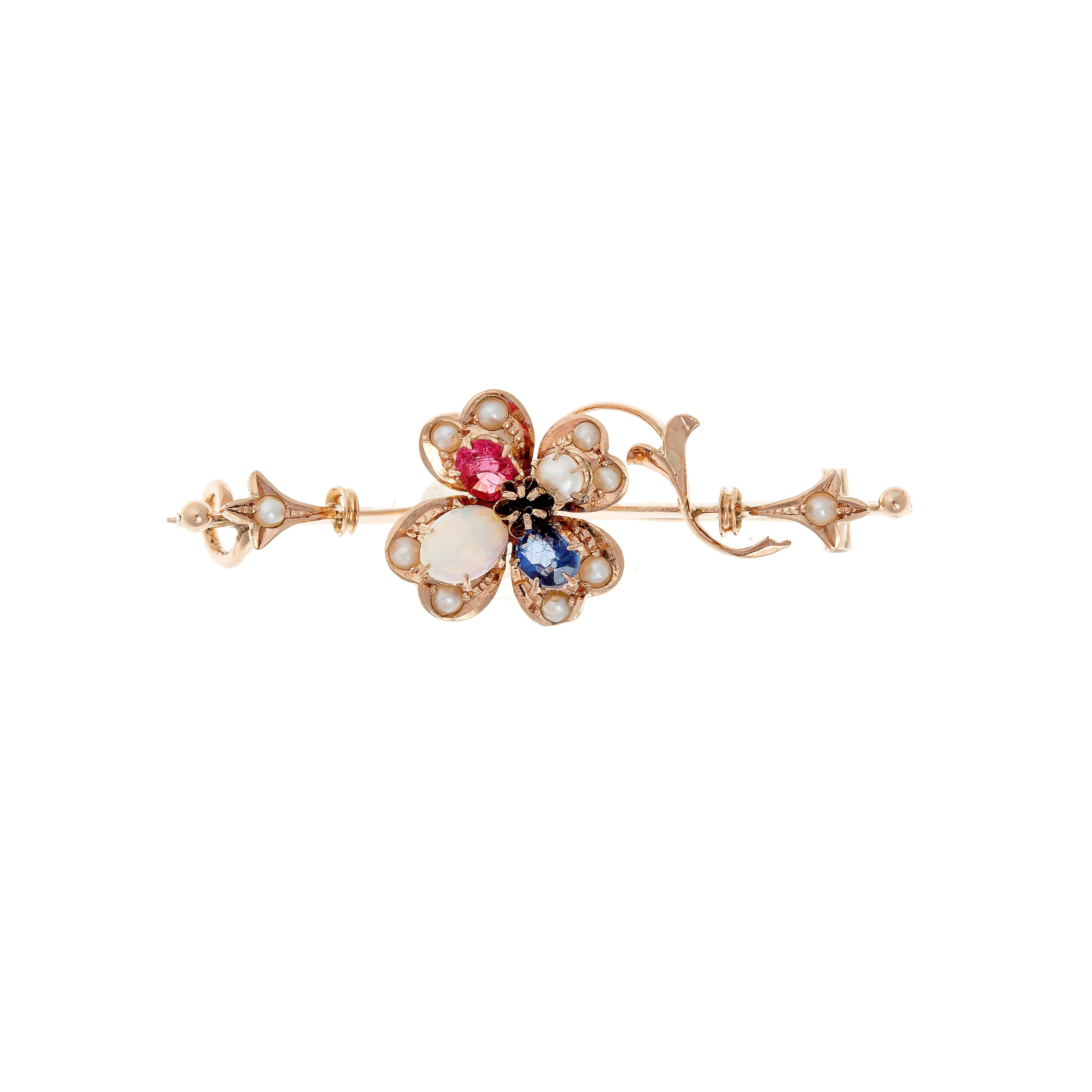 Art Nouveau floral bar brooch in 8k gold featuring opal, cultured pearls, and a pear-shaped sapphire.
