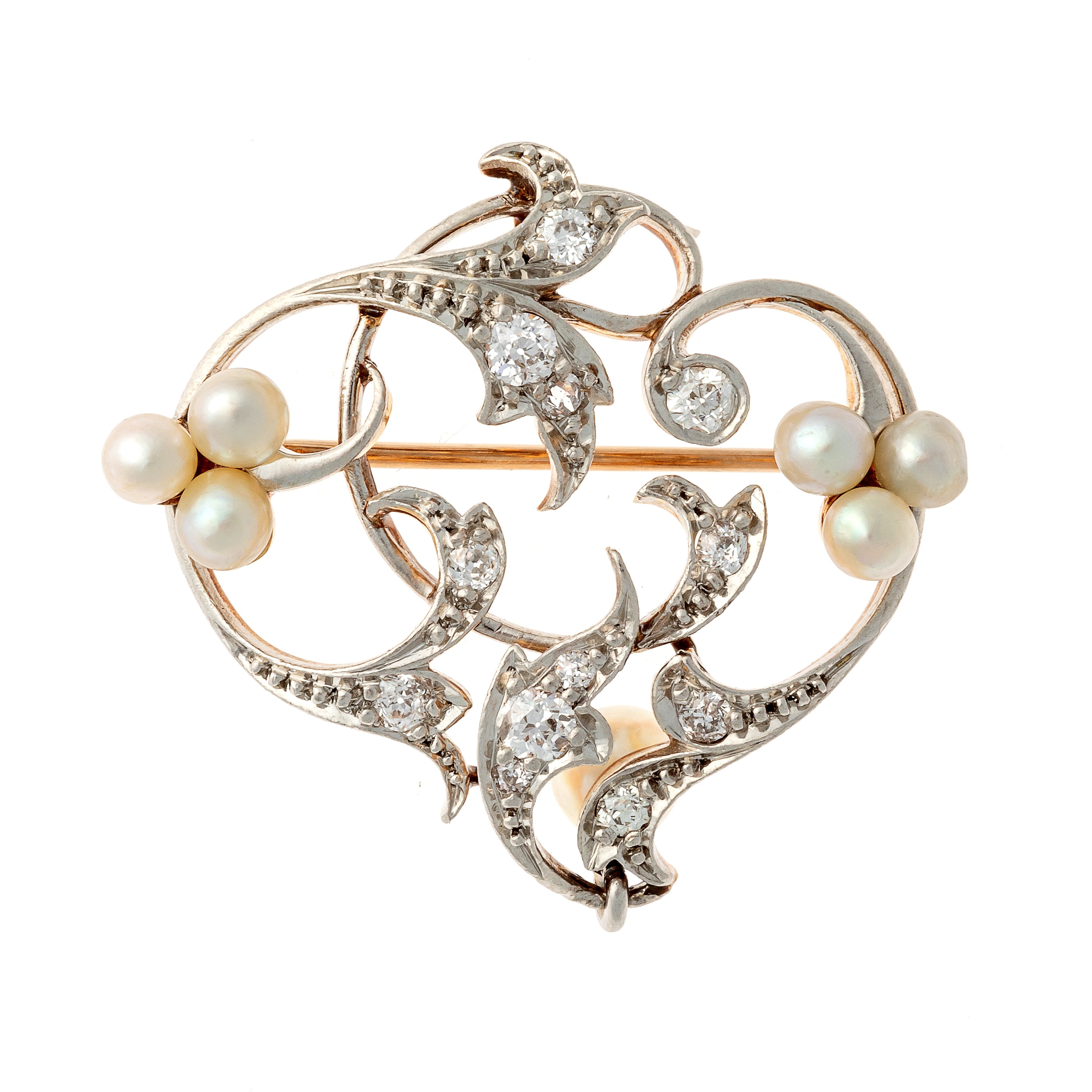 Art Nouveau platinum and gold diamond and pearl brooch.