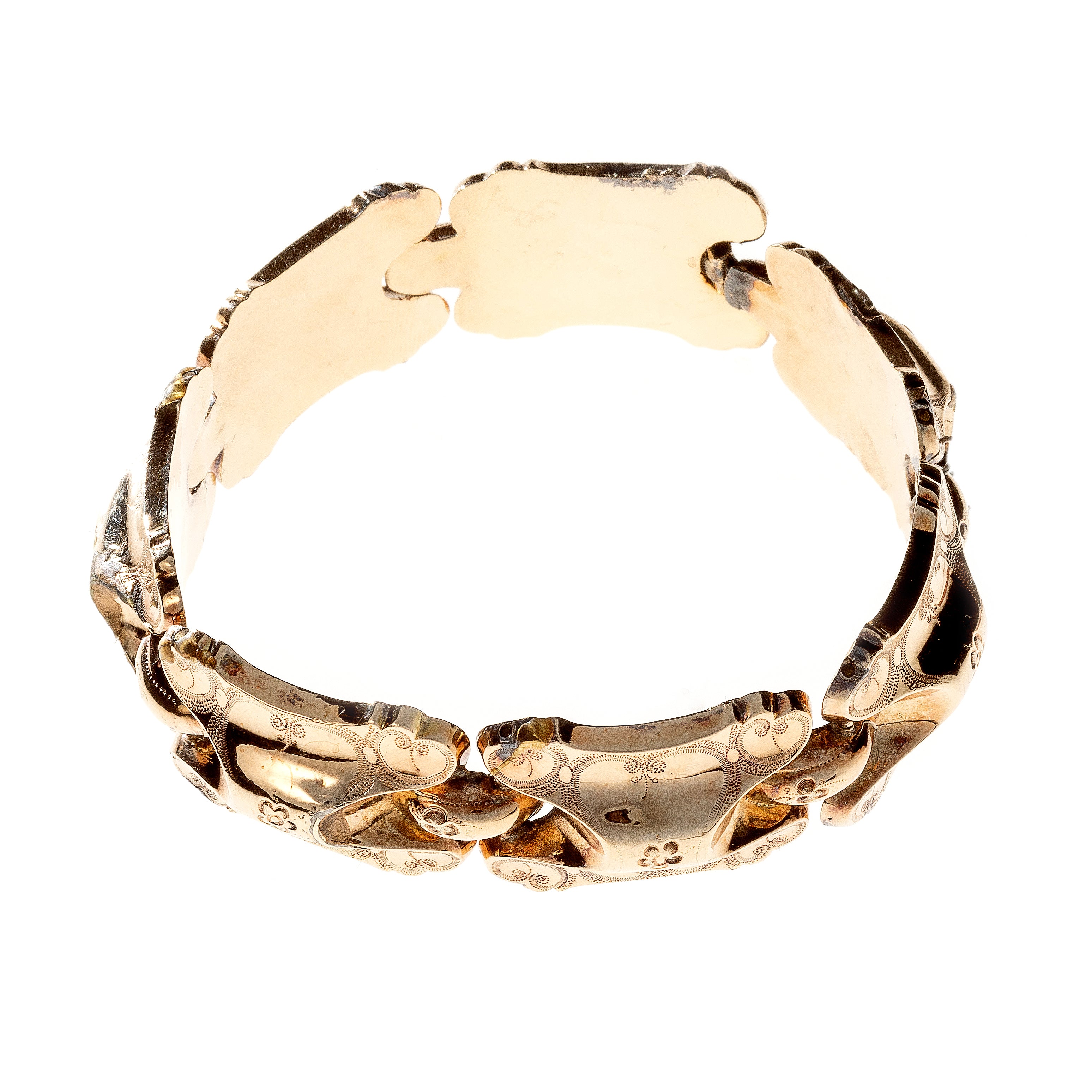 Antique Victorian gold engraved panel link bracelet.