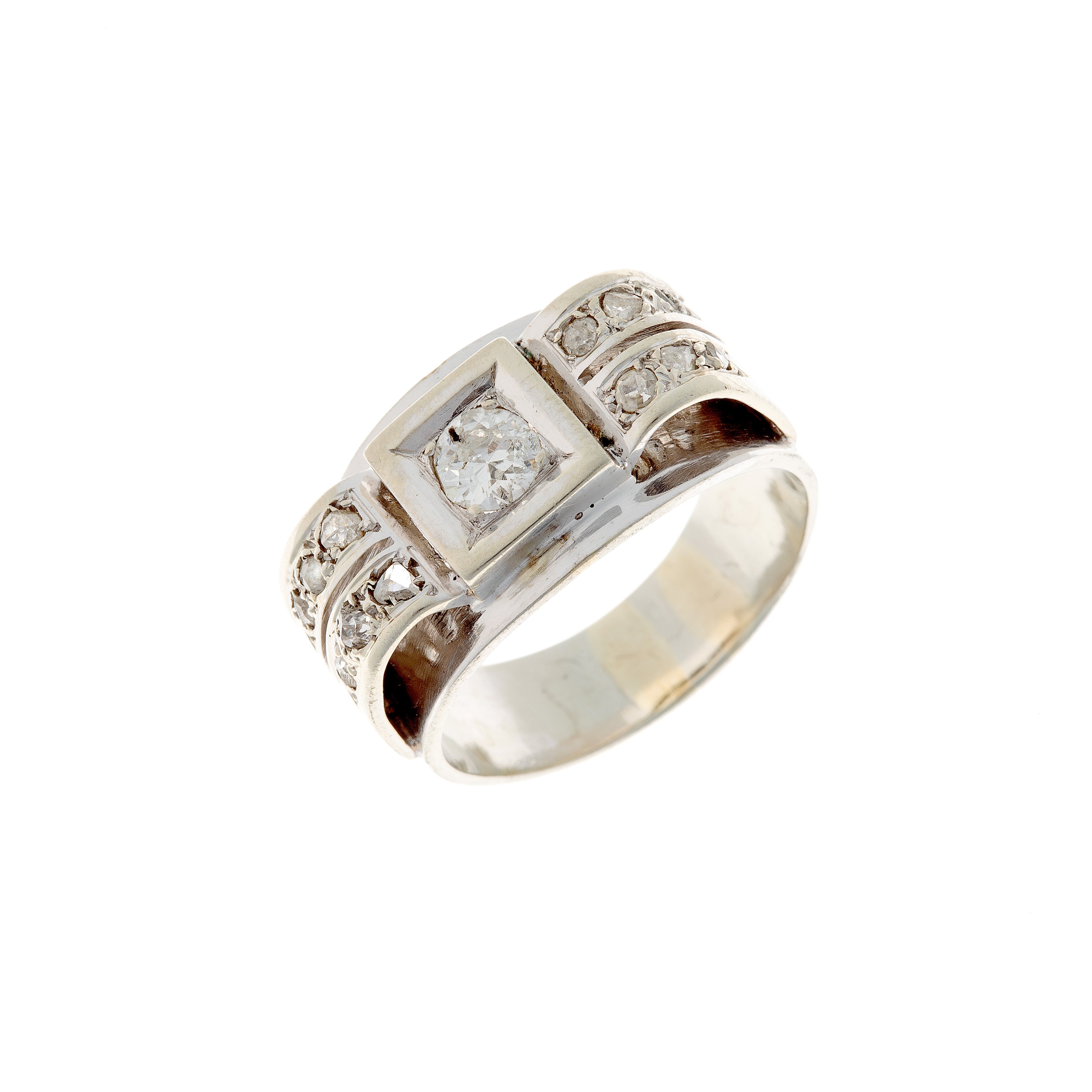 Art Deco 18K white gold diamond ring featuring a squared bezel-set old brilliant-cut diamond and rose-cut accents, photographed at an angle.
