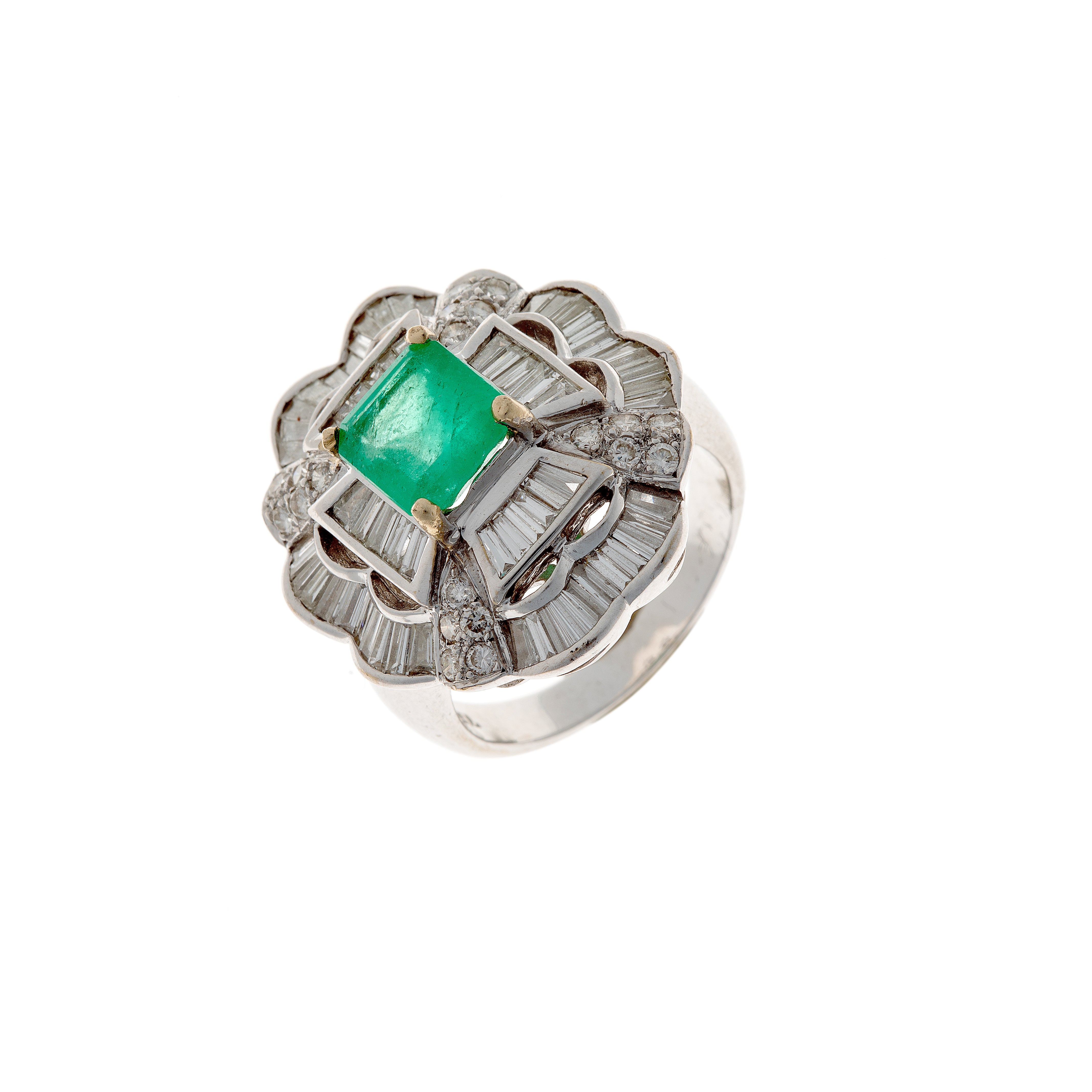 Art Deco 1920s white gold ring showcasing a 1.5 ct square-cut emerald with trapezoid and round diamonds